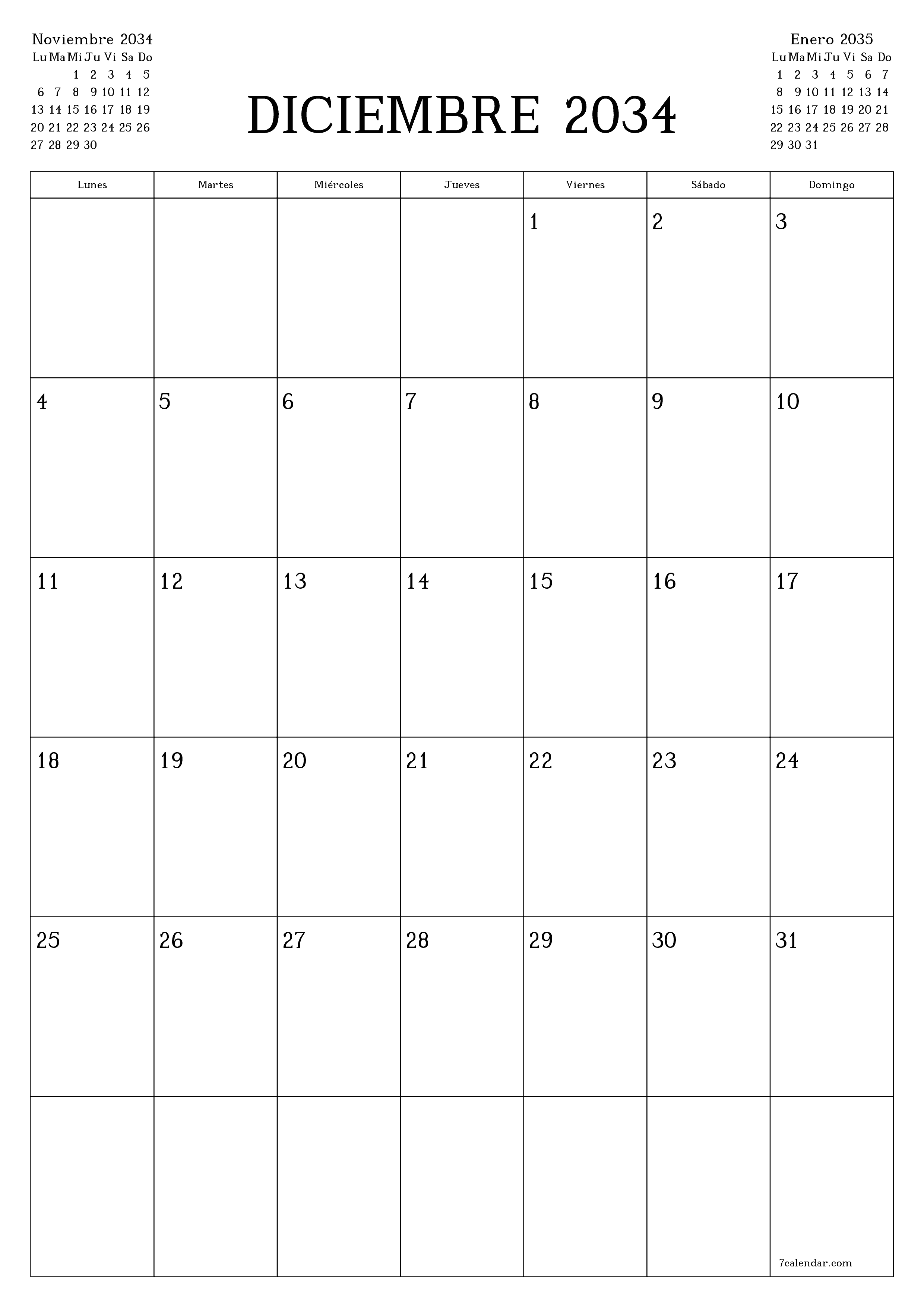  imprimible de pared plantilla de gratisvertical Mensual planificador calendario Diciembre (Dic) 2034