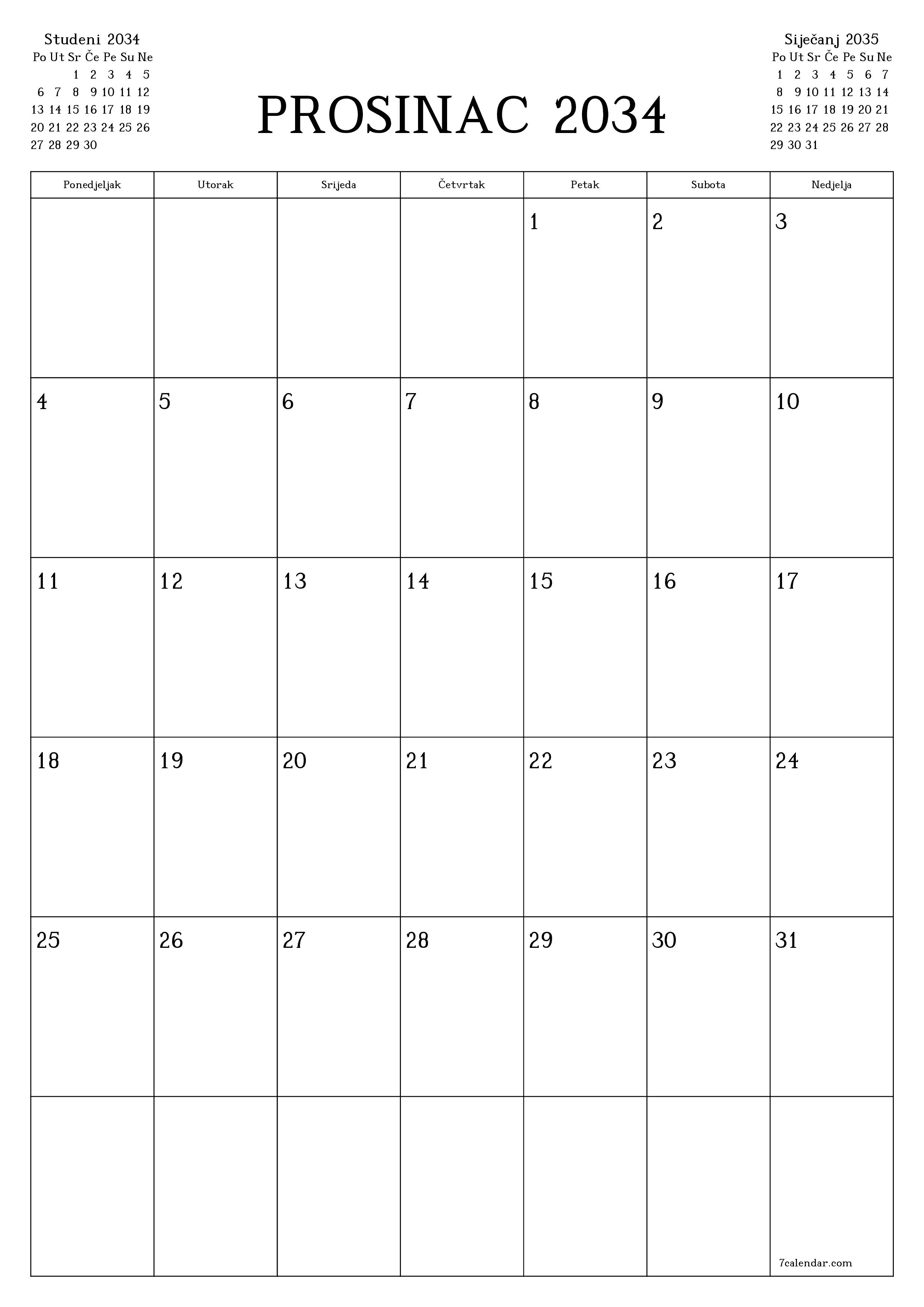  za ispis zidni predložak a besplatni okomito Mjesečni planer kalendar Prosinac (Pro) 2034
