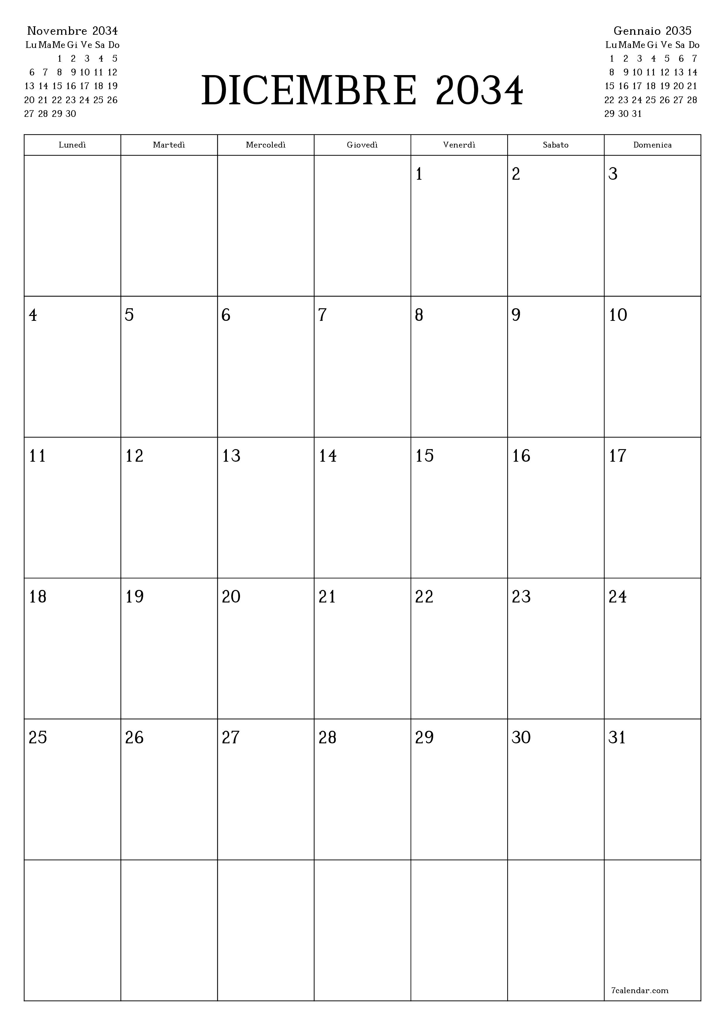  stampabile da parete modello di gratuitoverticale Mensile pianificatore calendario Dicembre (Dic) 2034