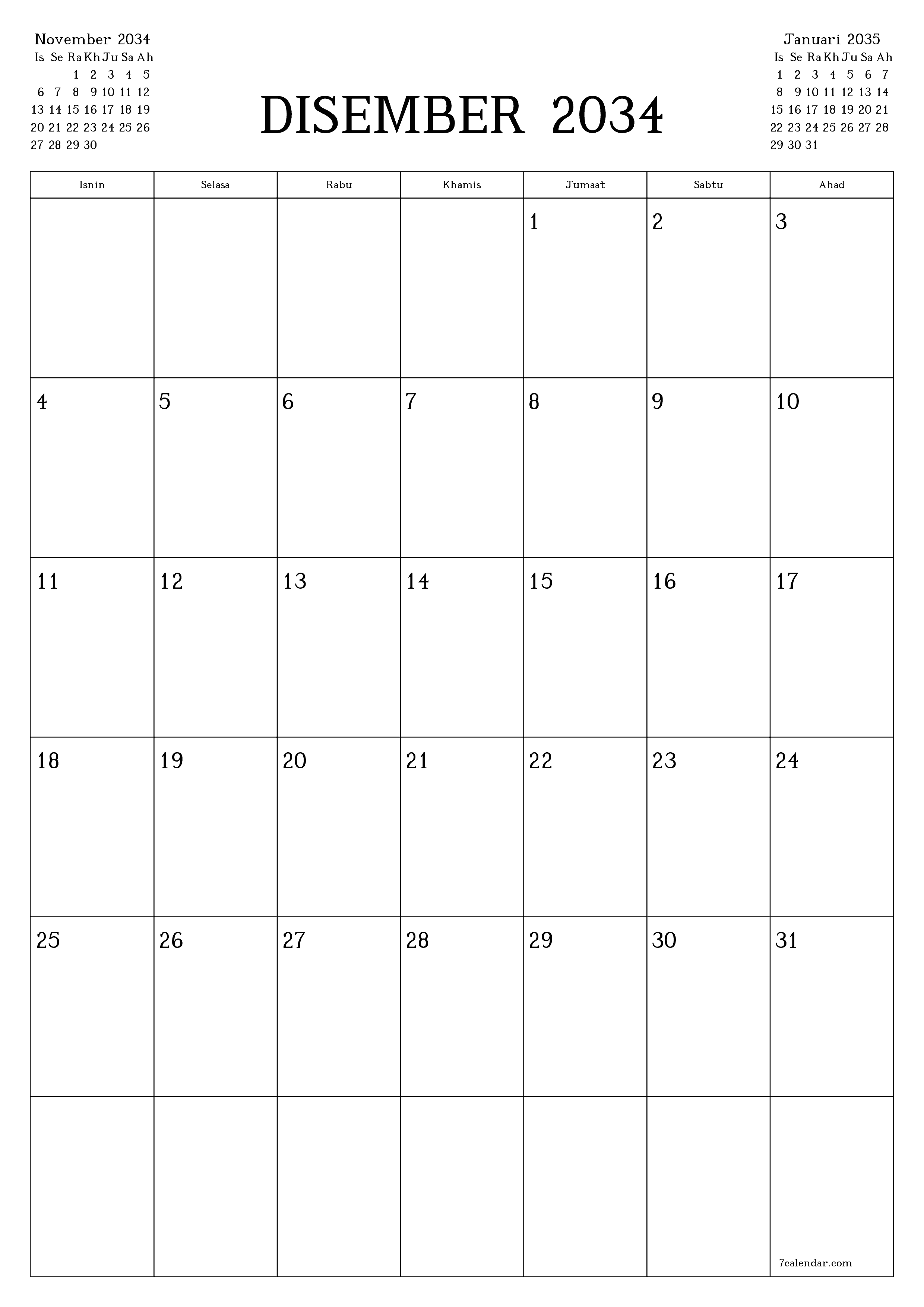 Perancang bulanan kosong untuk bulan Disember 2034 dengan nota, simpan dan cetak ke PDF PNG Malay