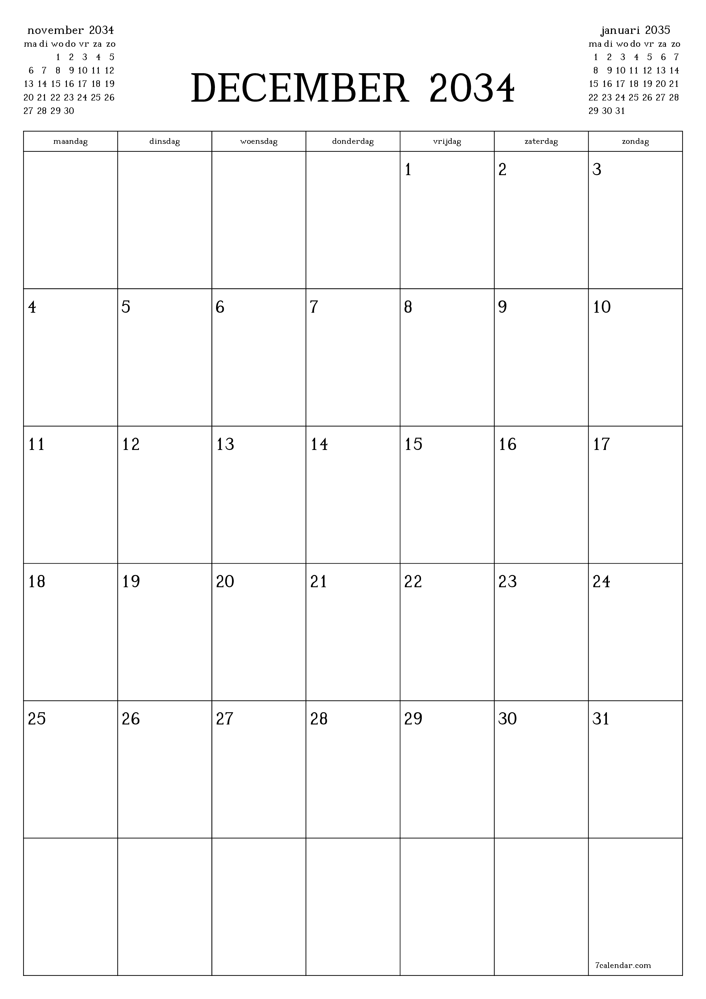 afdrukbare muur sjabloon gratis verticaal Maandelijks planner kalender december (dec) 2034