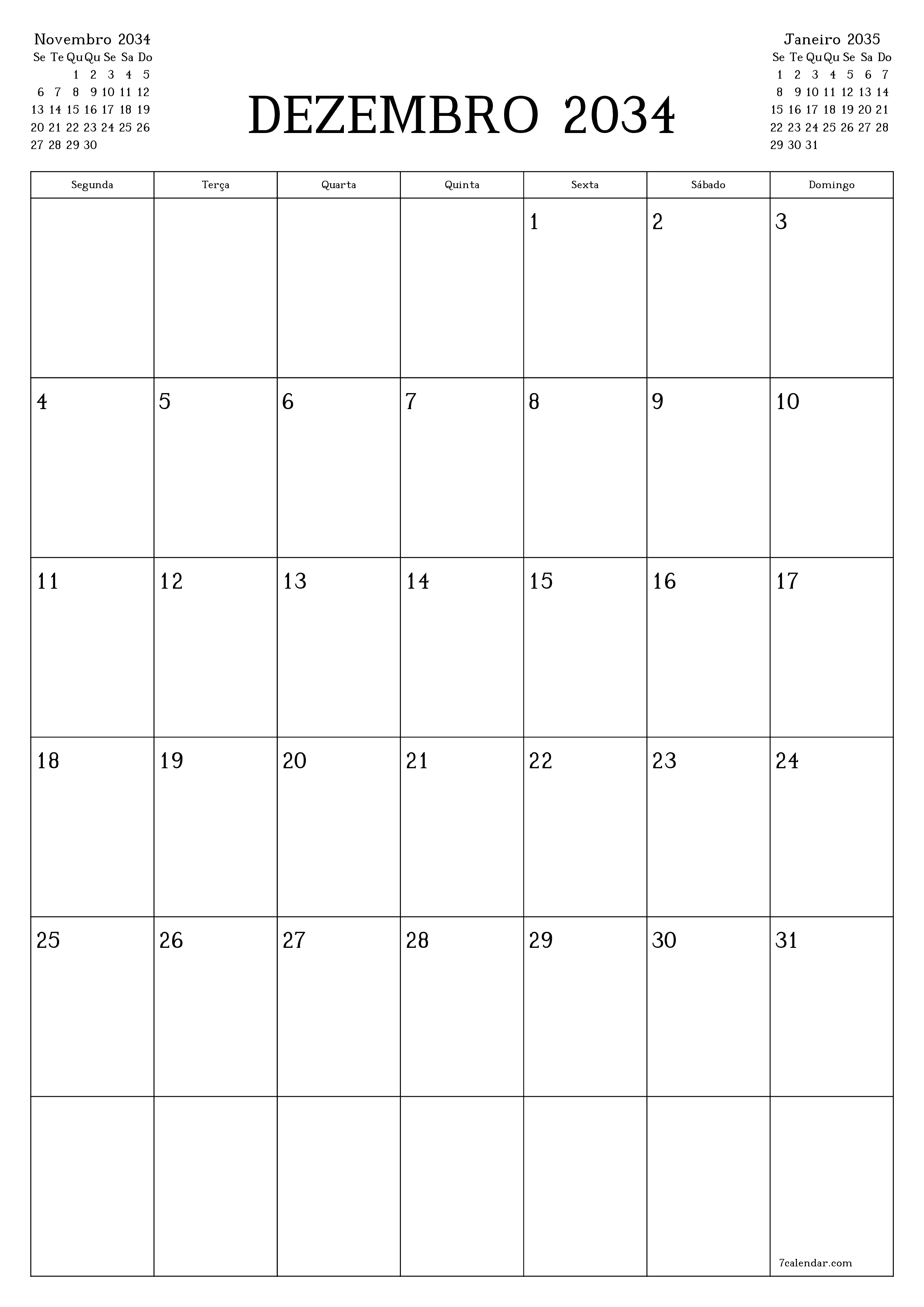  para impressão de parede modelo de grátisvertical Mensal planejador calendário Dezembro (Dez) 2034