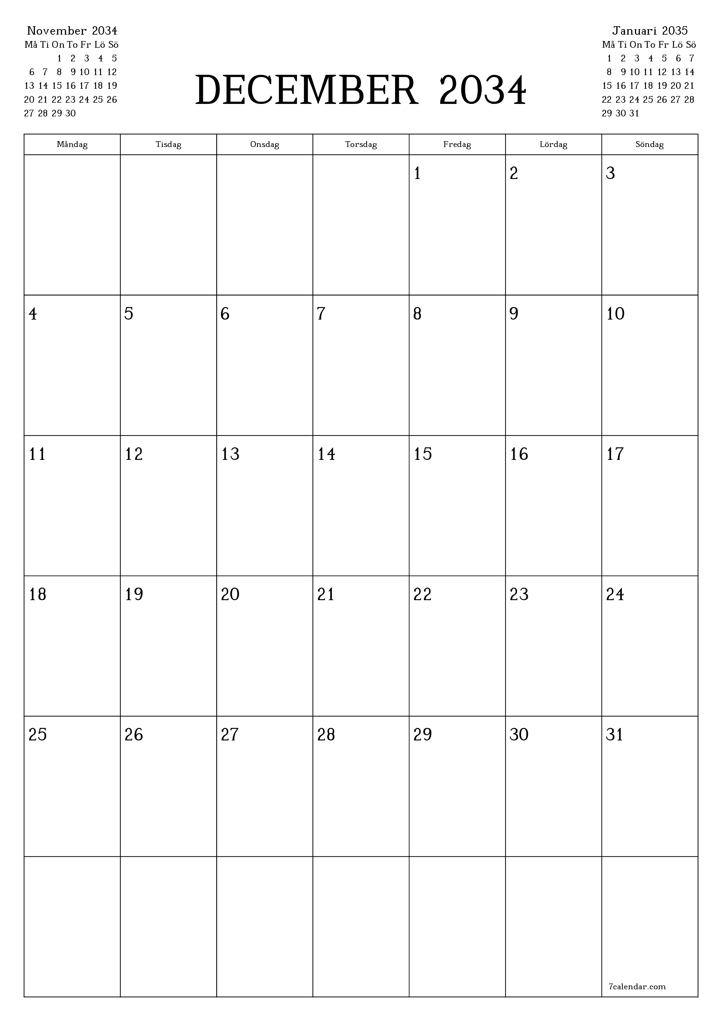 utskrivbar vägg mall gratis vertikal Månatlig planerare kalender December (Dec) 2034