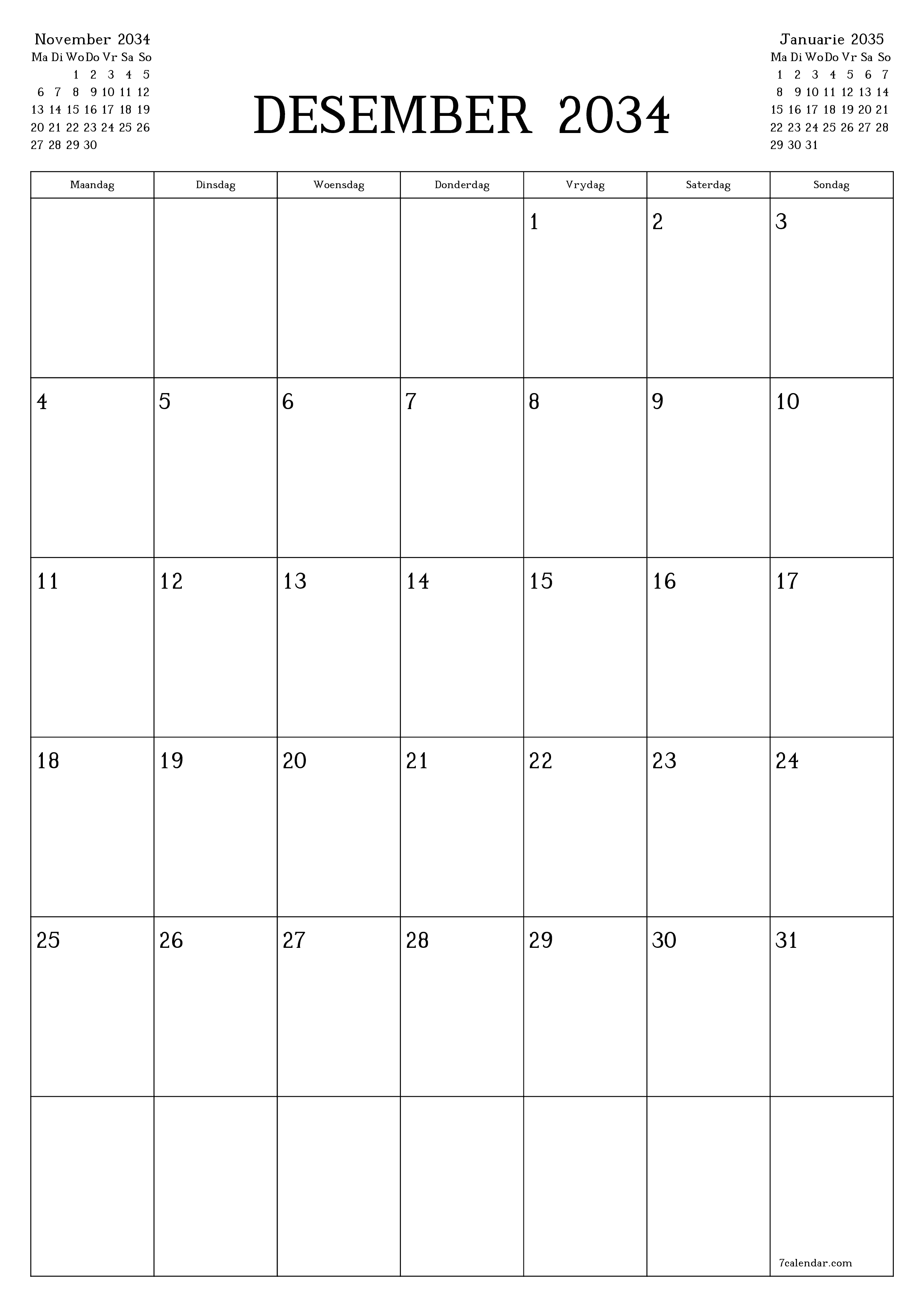 drukbare muur template gratis vertikaal Maandeliks beplanner kalender Desember (Des) 2034