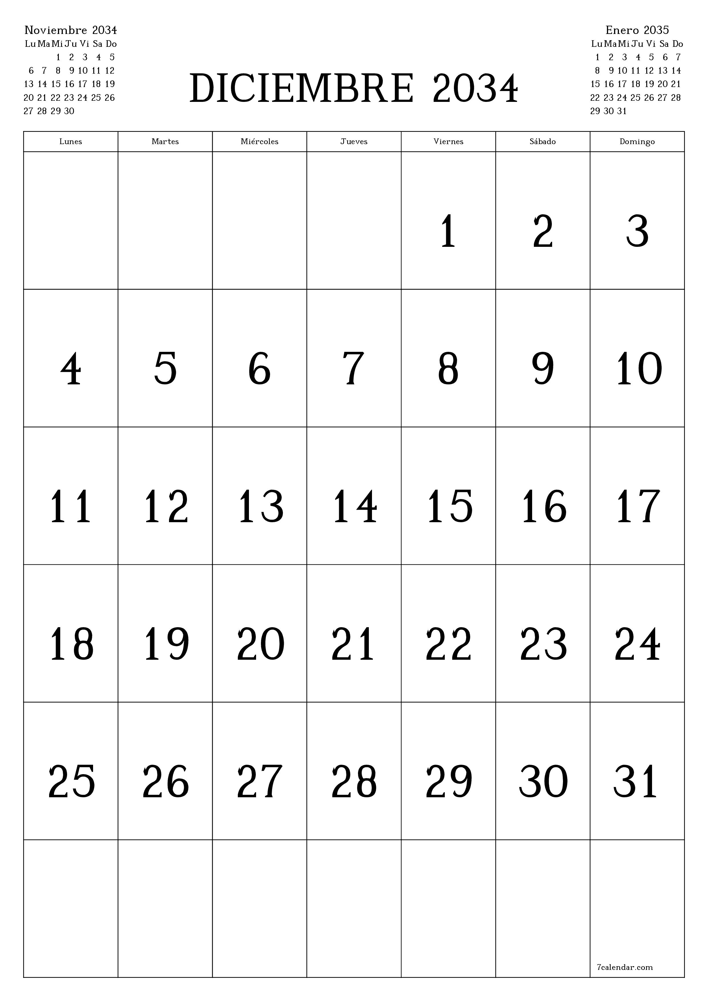  imprimible de pared plantilla de gratisvertical Mensual calendario Diciembre (Dic) 2034