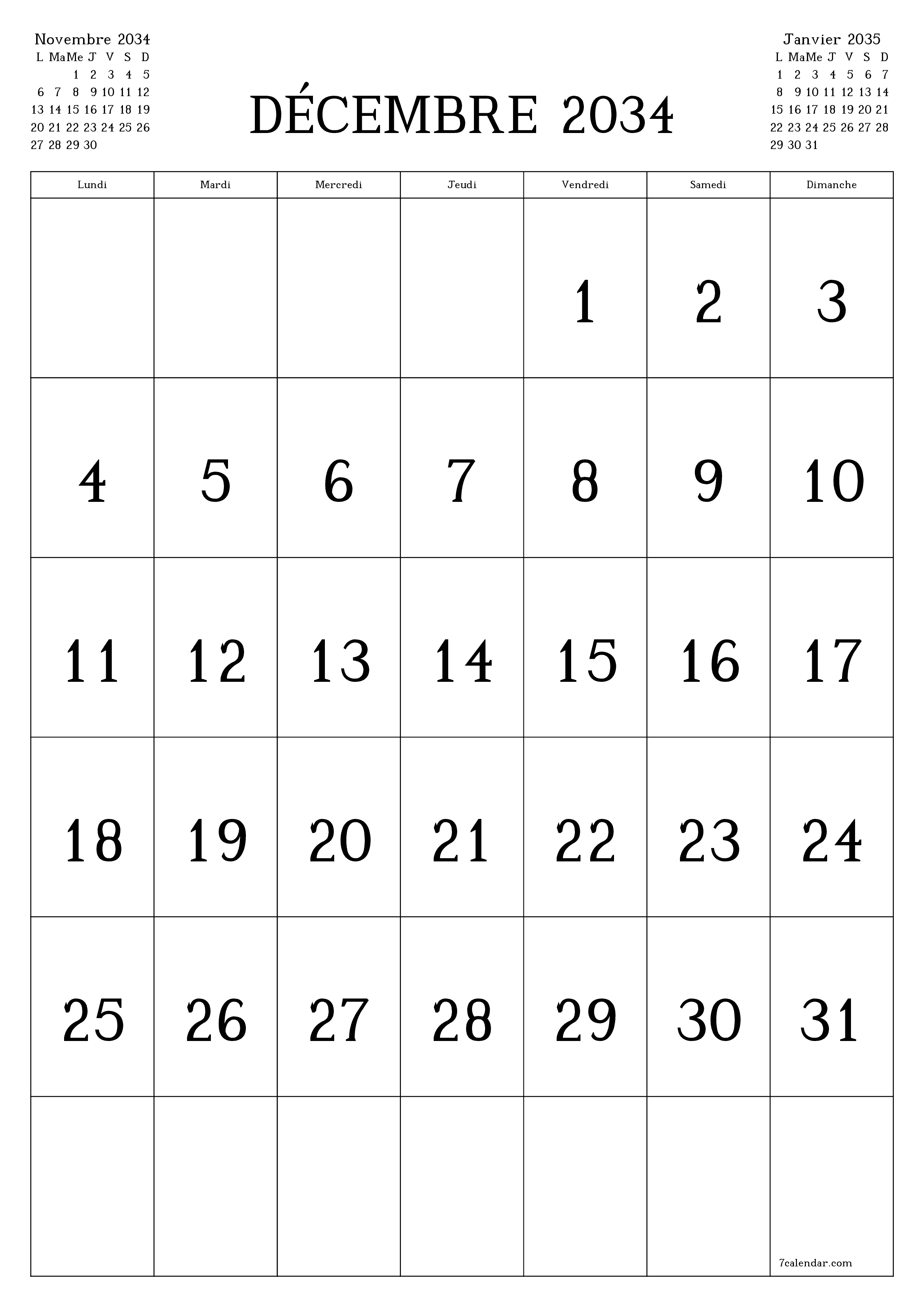  imprimable mural modèle de gratuitverticale Mensuel calendrier Décembre (Déc) 2034