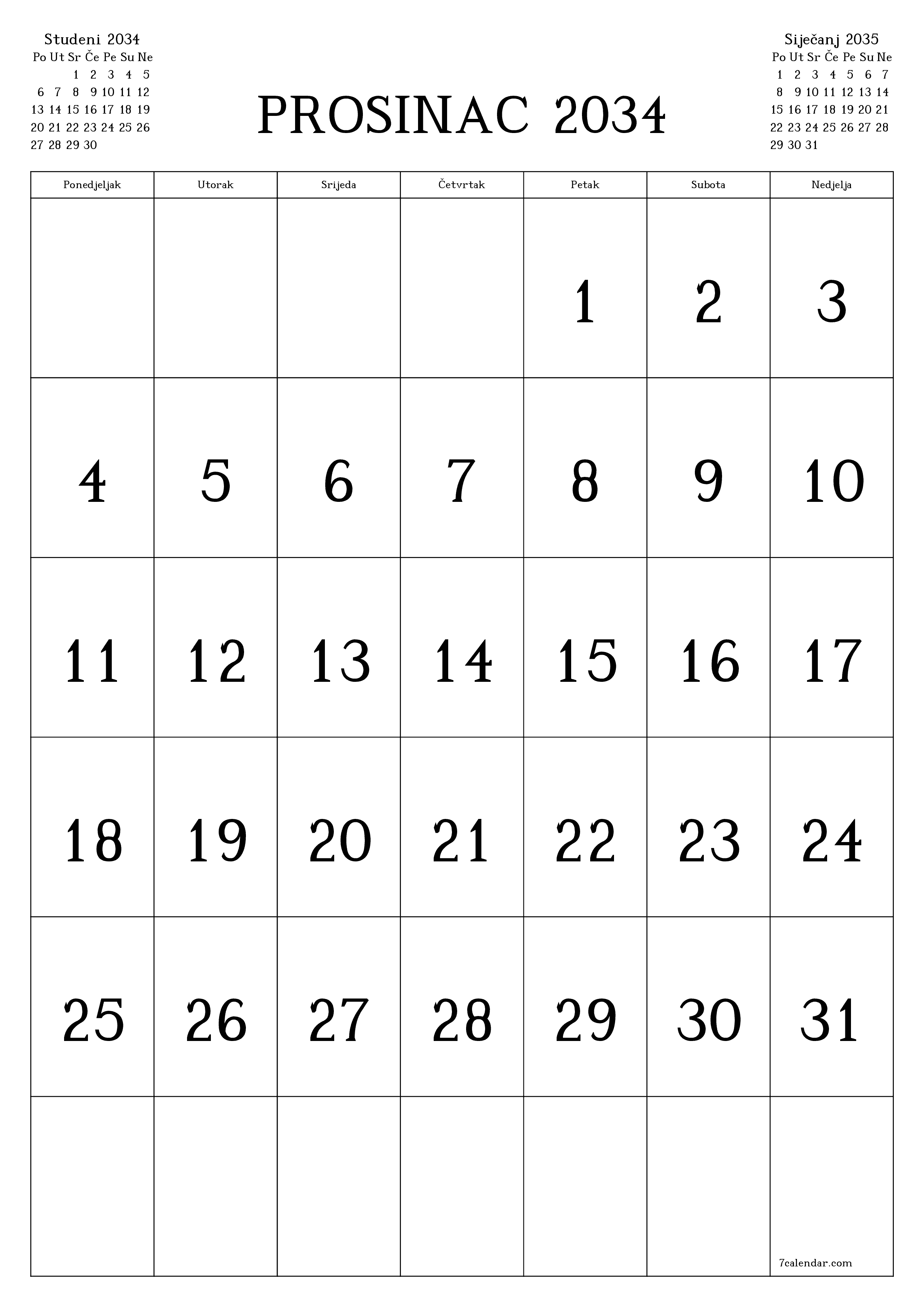  za ispis zidni predložak a besplatni okomito Mjesečni kalendar Prosinac (Pro) 2034