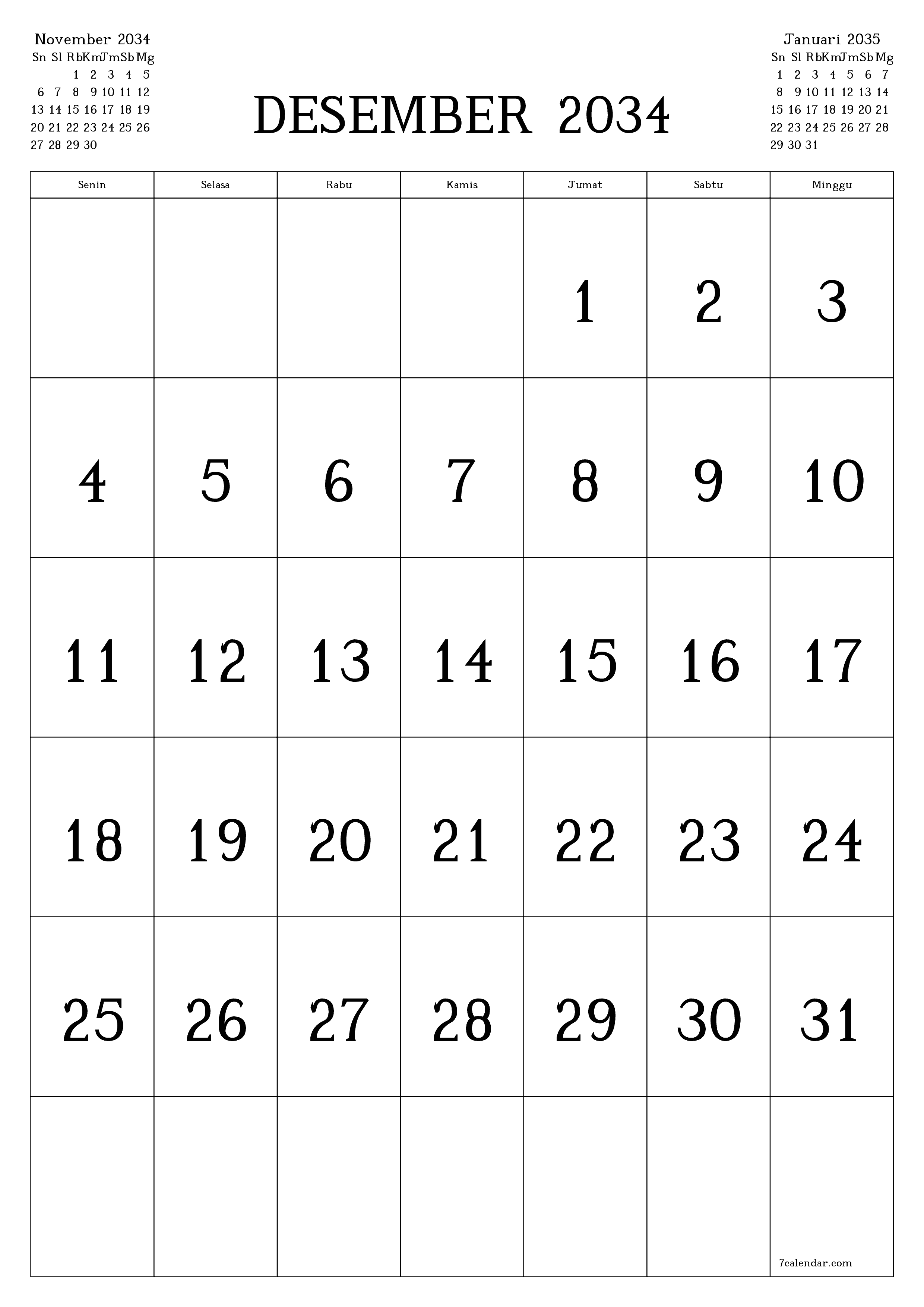  yang dapat dicetak dinding templat gratisvertikal Bulanan kalender Desember (Des) 2034