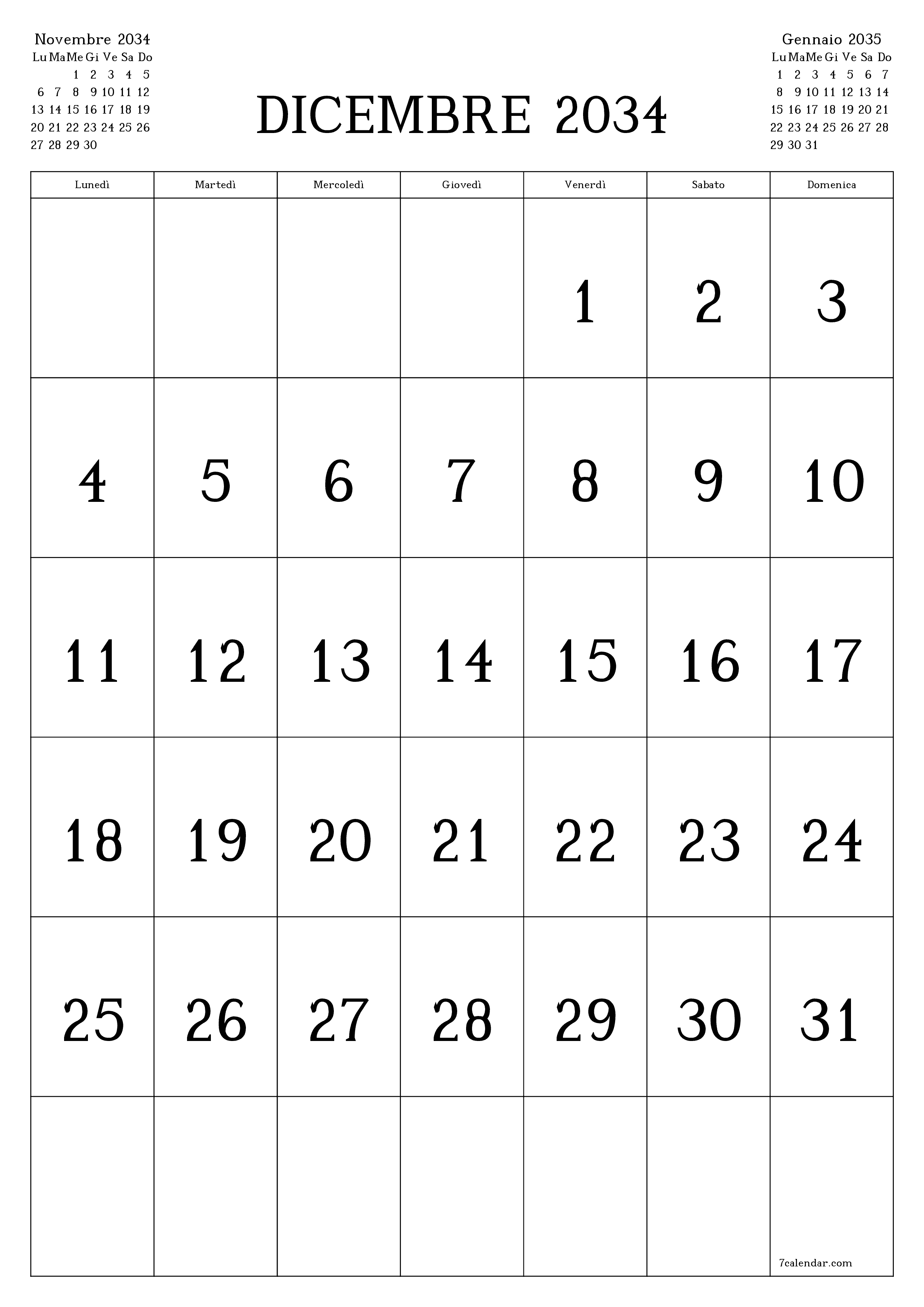  stampabile da parete modello di gratuitoverticale Mensile calendario Dicembre (Dic) 2034