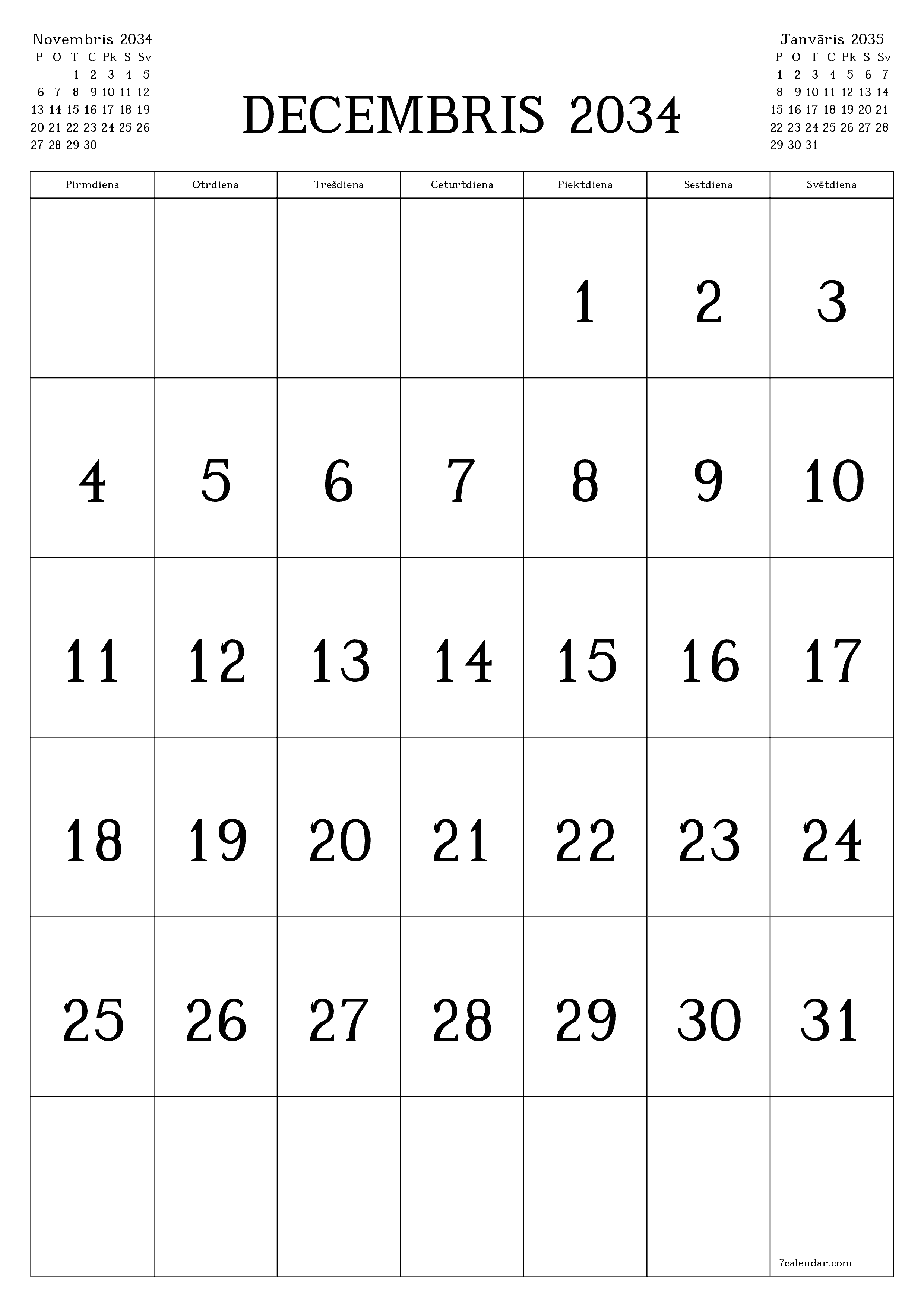 izdrukājams sienas kalendāra veidne bezmaksas vertikāli Mēneša kalendārs Decembris (Dec) 2034