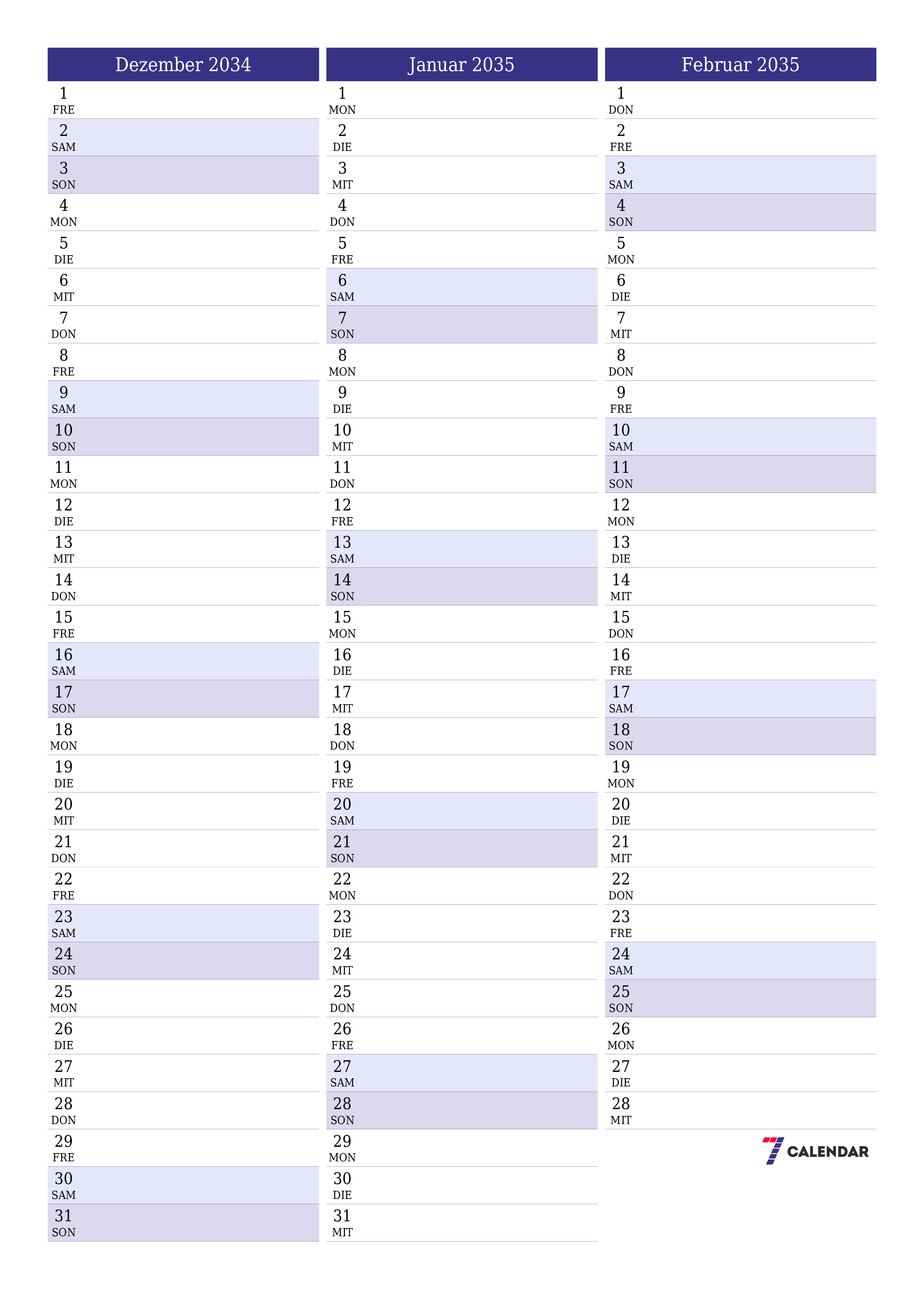  zum Ausdrucken Wandkalender vorlage kostenloser vertikal Monatlich Planer Kalender Dezember (Dez) 2034