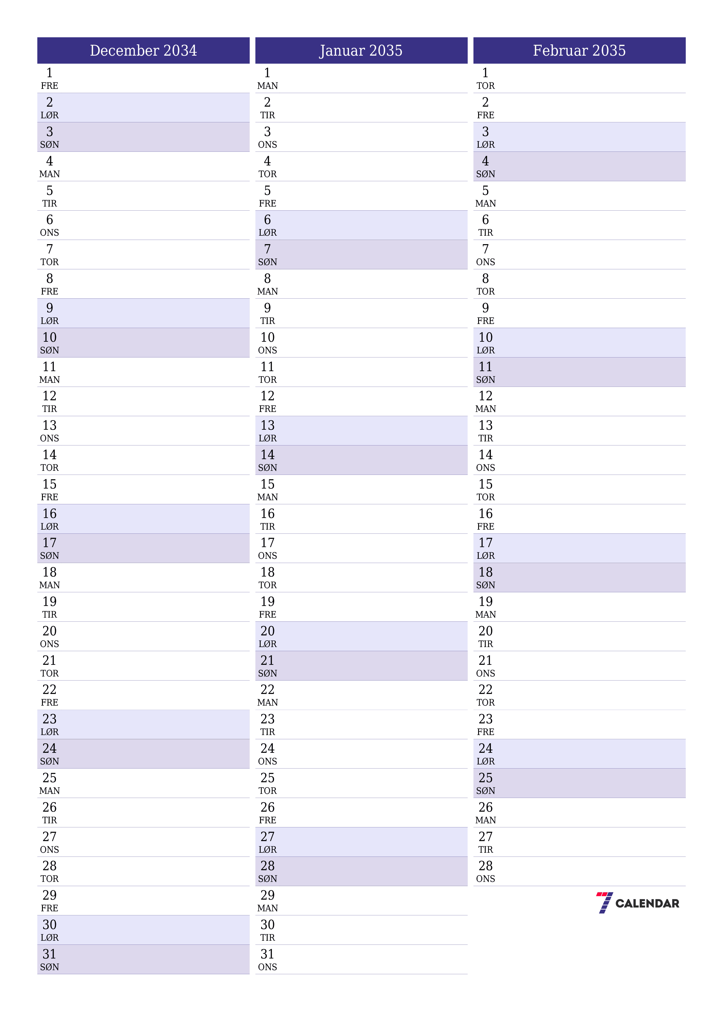 udskrivbar væg skabelon gratis lodret Månedlig planlægger kalender December (Dec) 2034