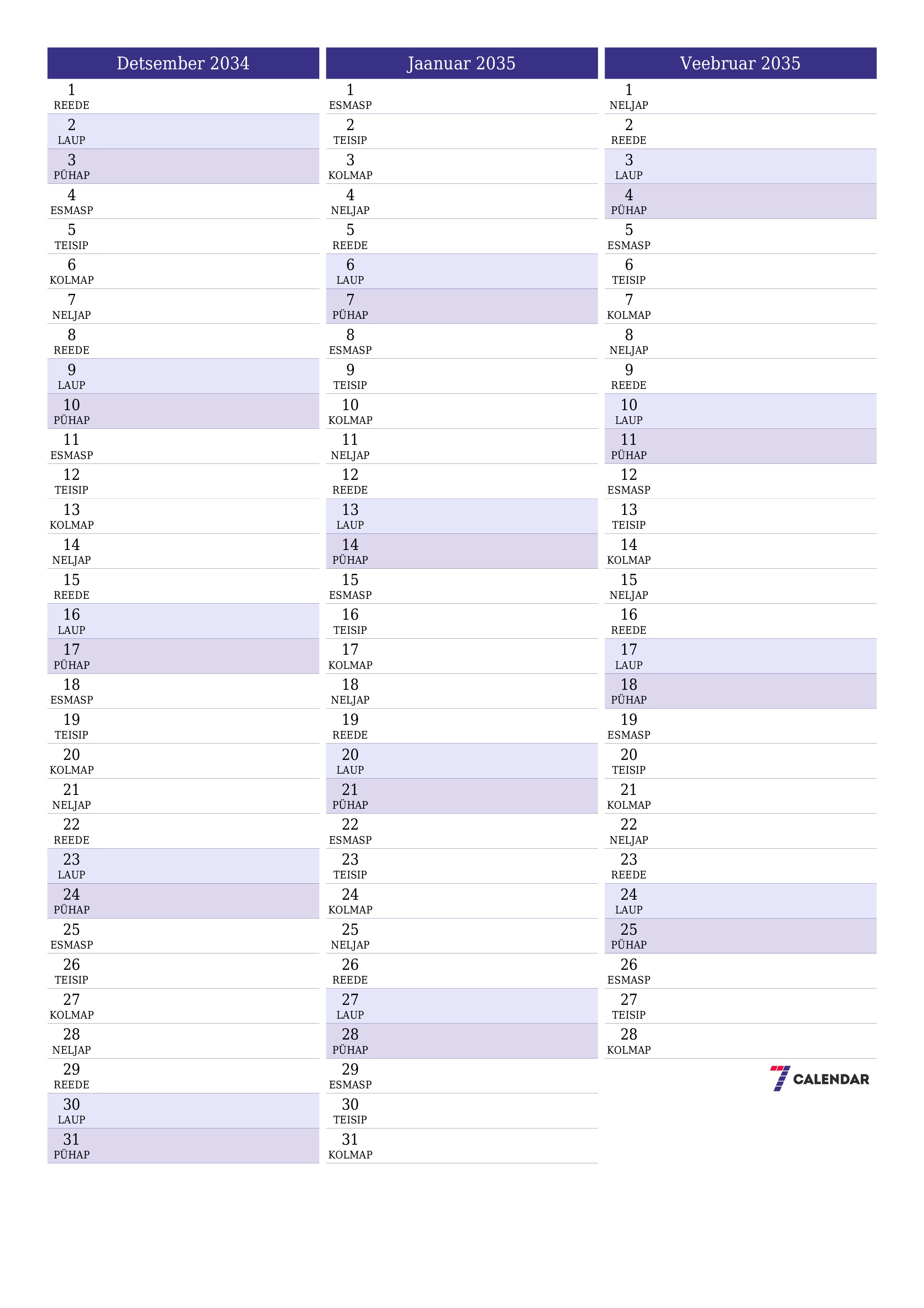 Tühjendage kuu Detsember 2034 kuuplaneerija märkmetega, salvestage ja printige PDF-i PNG Estonian