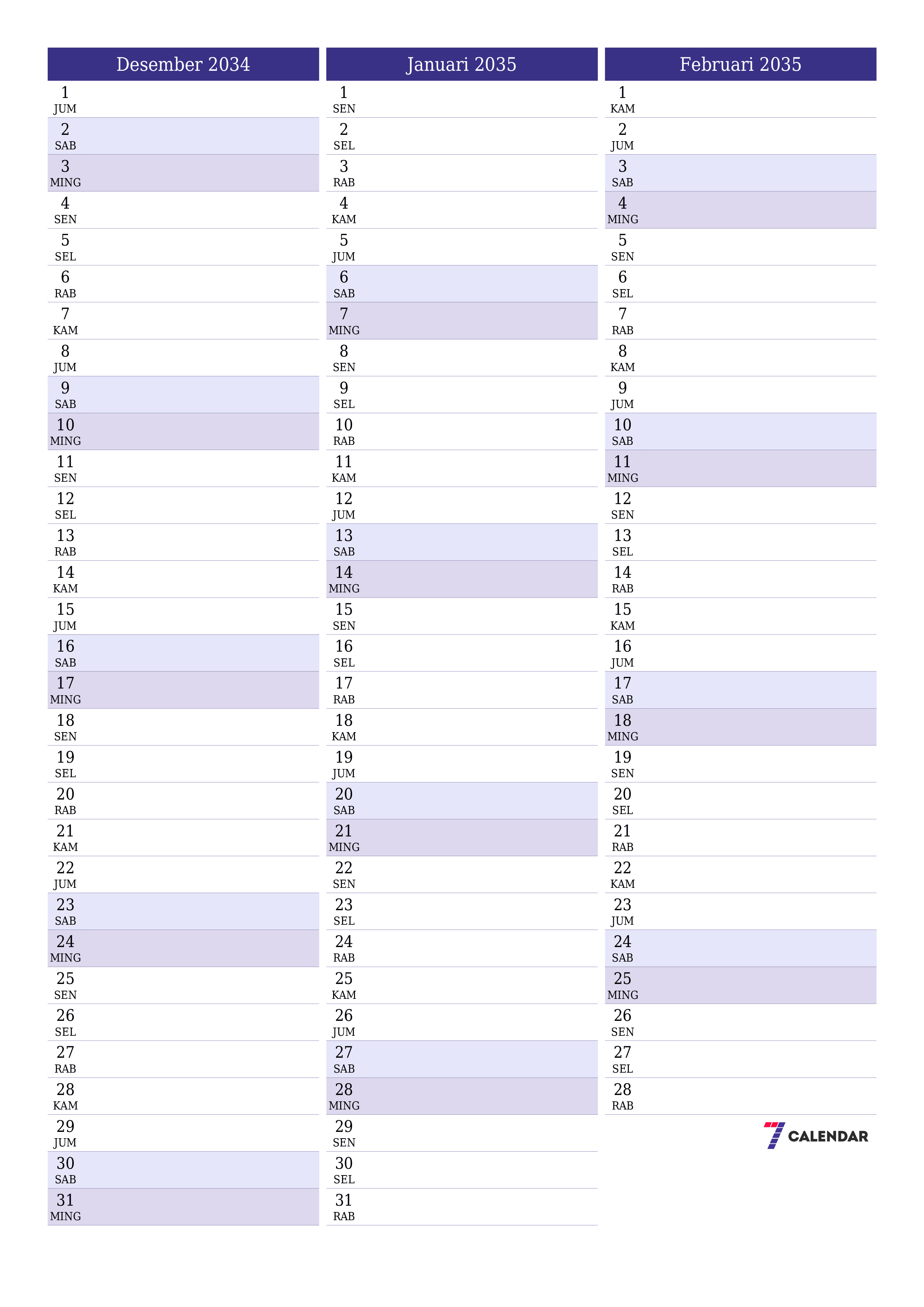  yang dapat dicetak dinding templat gratisvertikal Bulanan perencana kalender Desember (Des) 2034