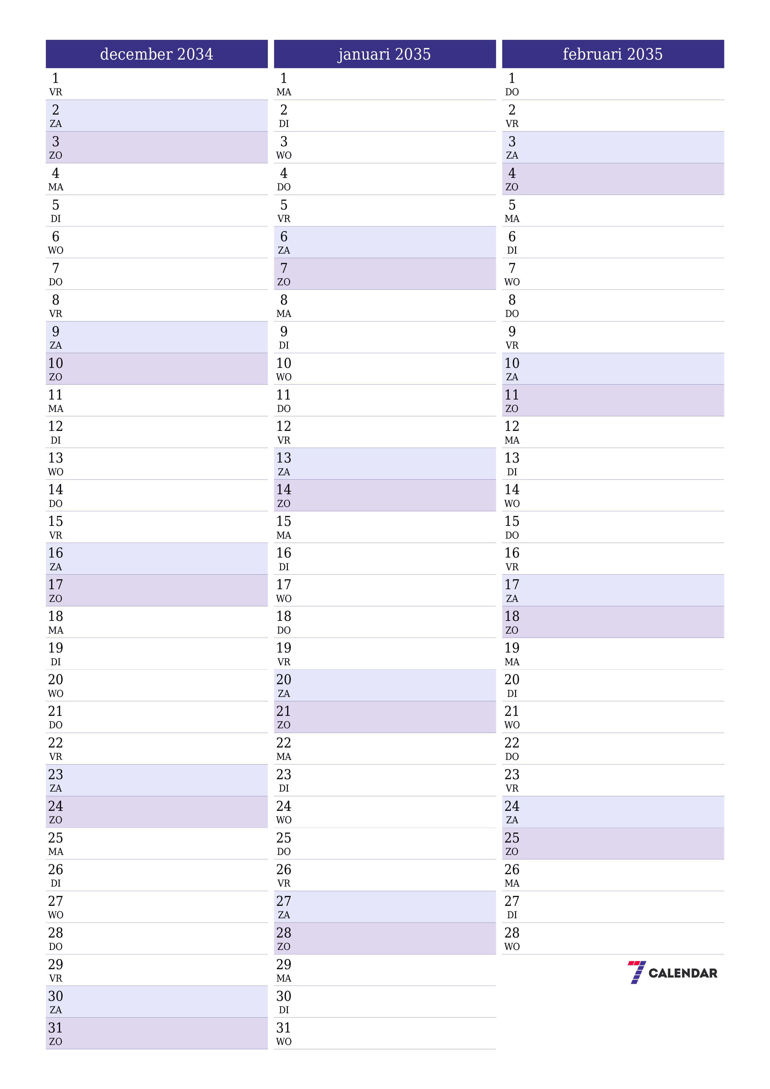 afdrukbare muur sjabloon gratis verticaal Maandelijks planner kalender december (dec) 2034