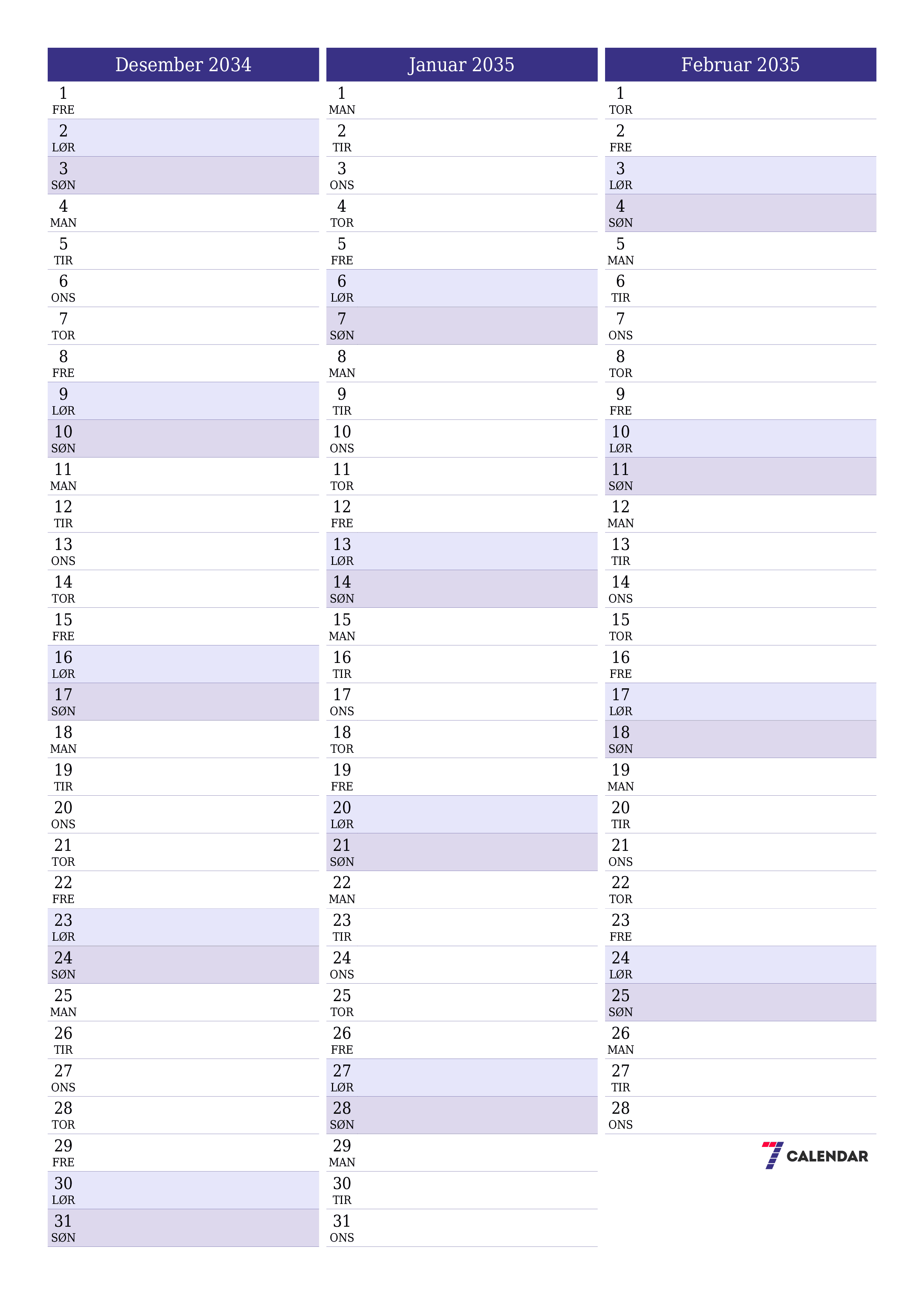 utskrivbar vegg mal gratis vertikal Månedlig planlegger kalender Desember (Des) 2034