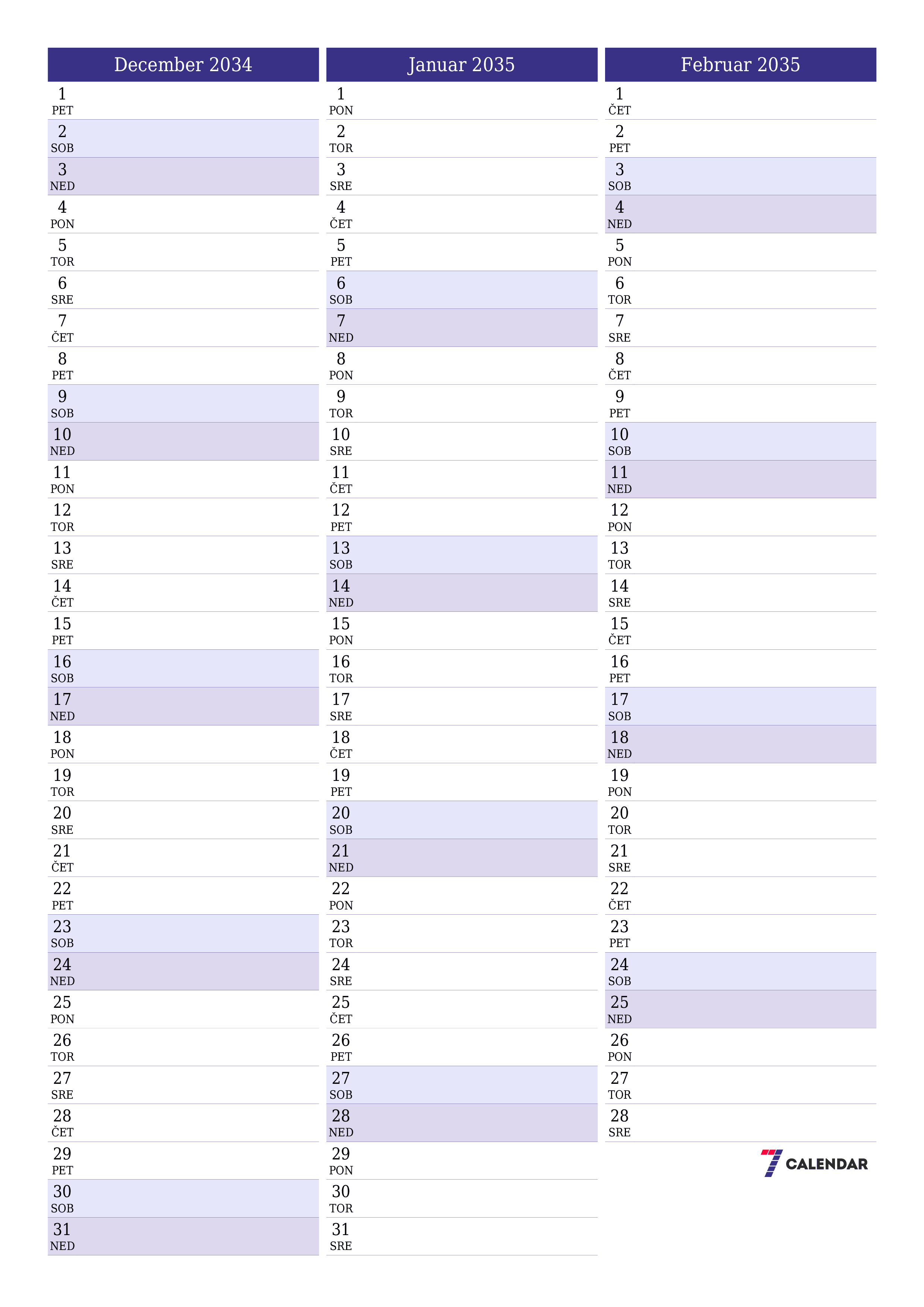 Prazen mesečni načrtovalec koledarja za mesec December 2034 z opombami, natisnjenimi v PDF PNG Slovenian
