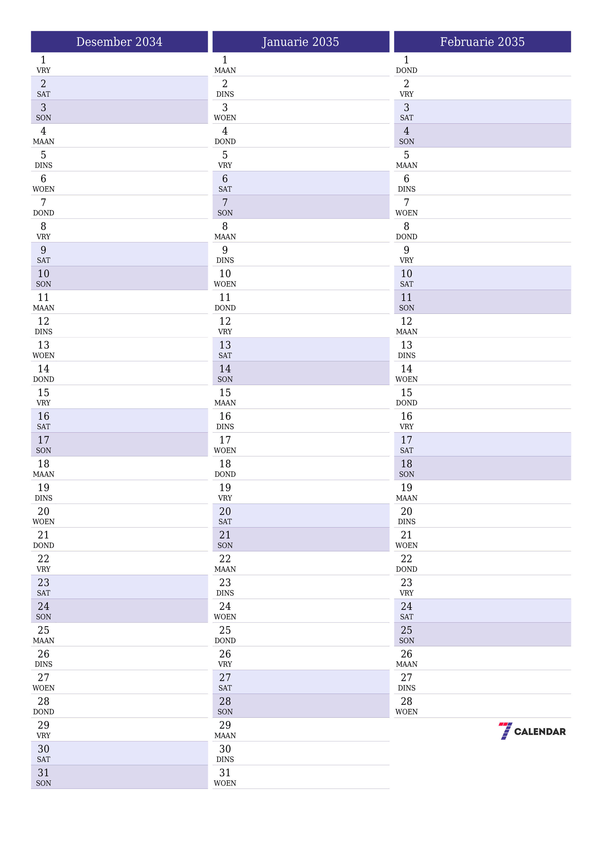 drukbare muur template gratis vertikaal Maandeliks beplanner kalender Desember (Des) 2034