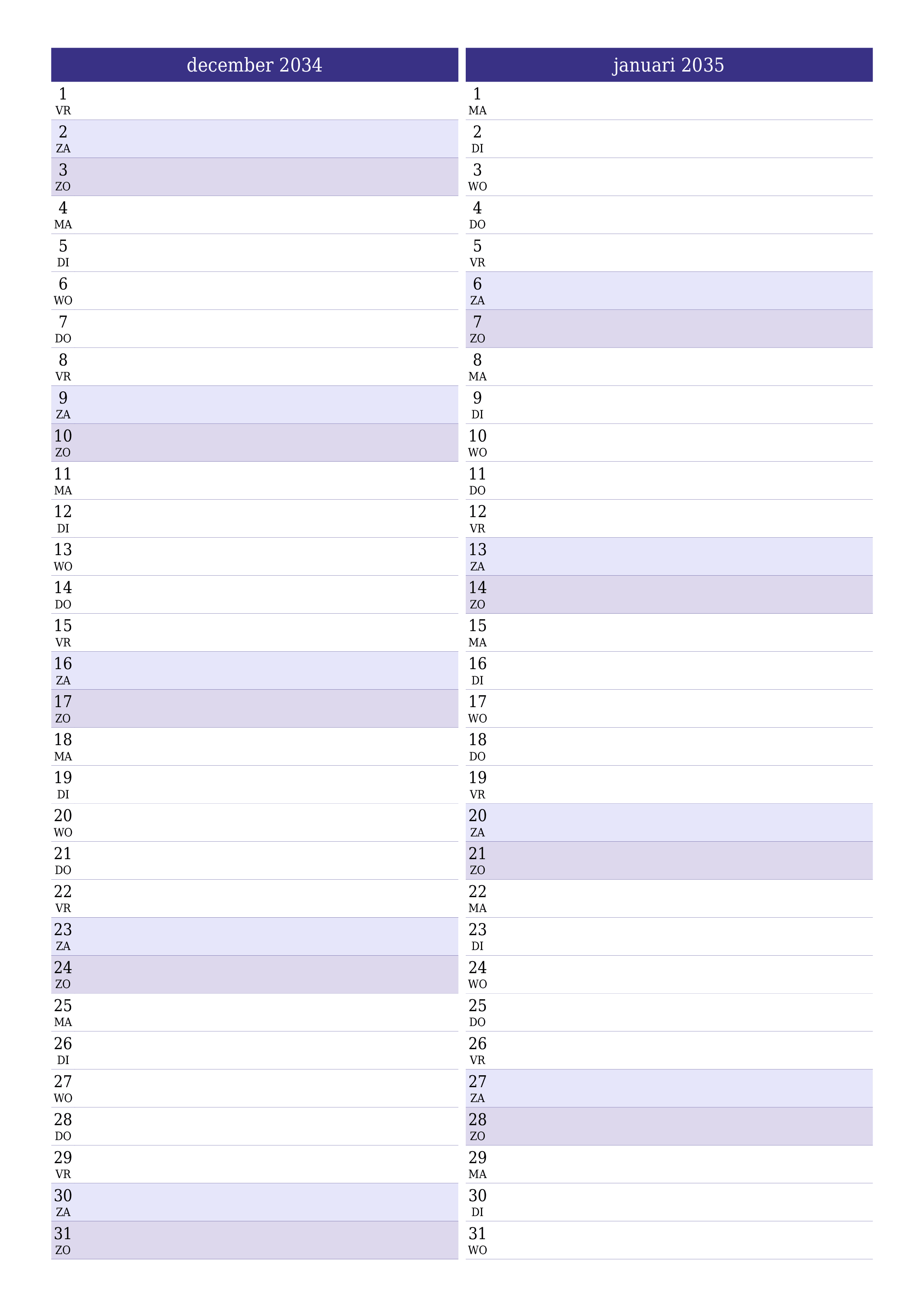 afdrukbare muur sjabloon gratis verticaal Maandelijks planner kalender december (dec) 2034