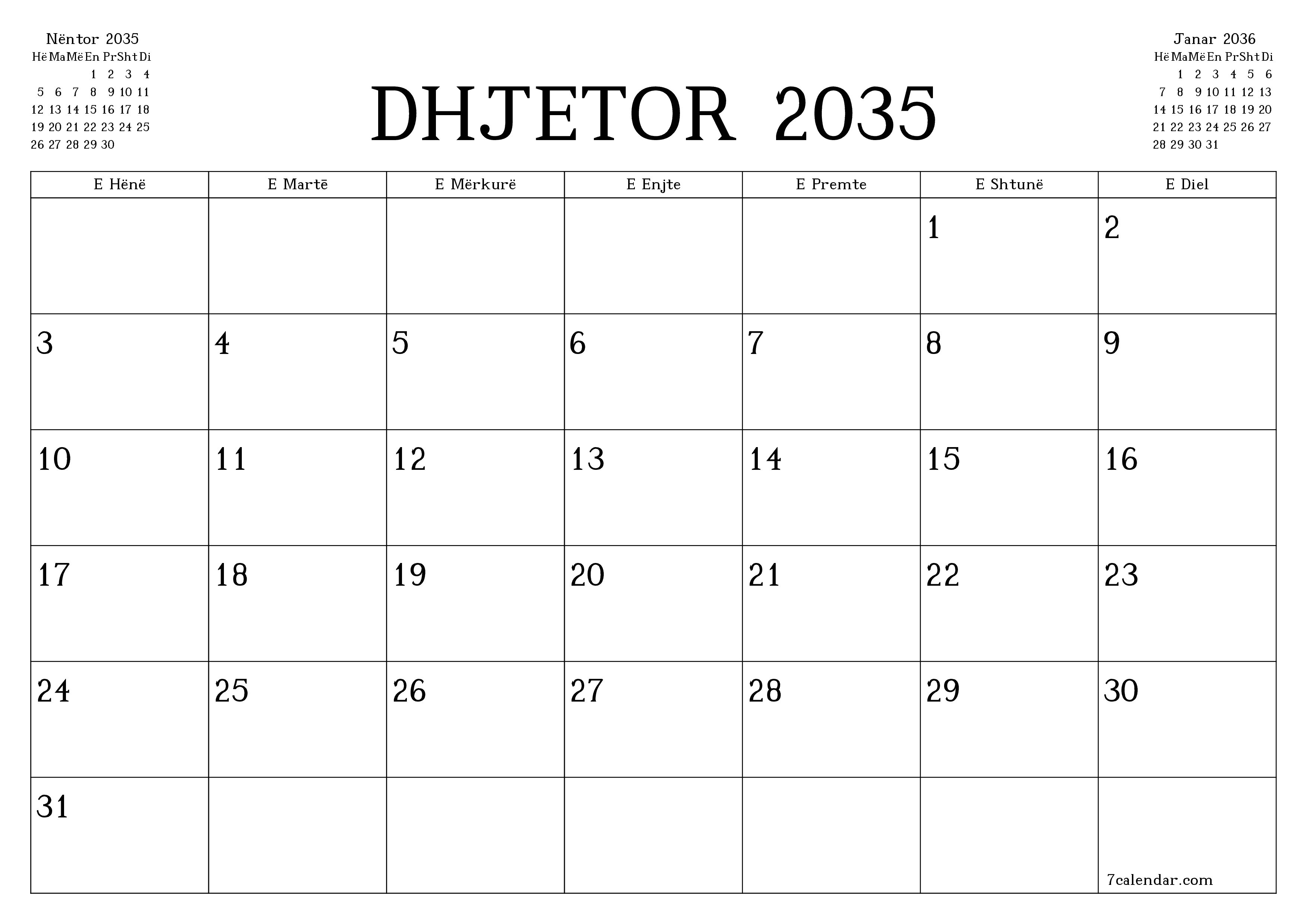 Planifikuesi i zbrazët i kalendarit mujor për muajin Dhjetor 2035 me shënime të ruajtura dhe të printuara në PDF PNG Albanian
