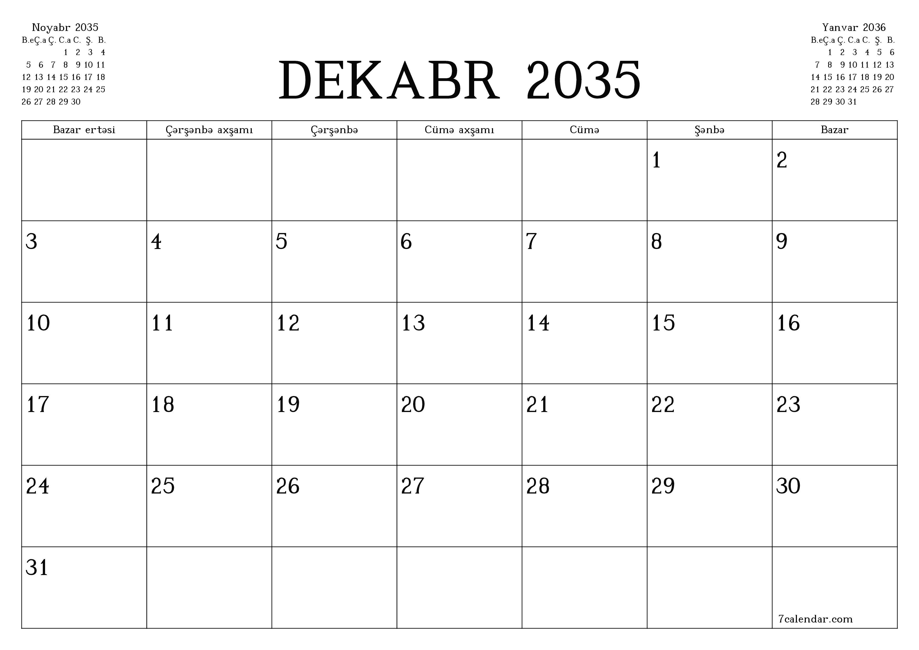 Dekabr 2035 ayı üçün qeydlər ilə boş aylıq planlayıcı, qeyd edin və PDF-ə yazdırın PNG Azerbaijani