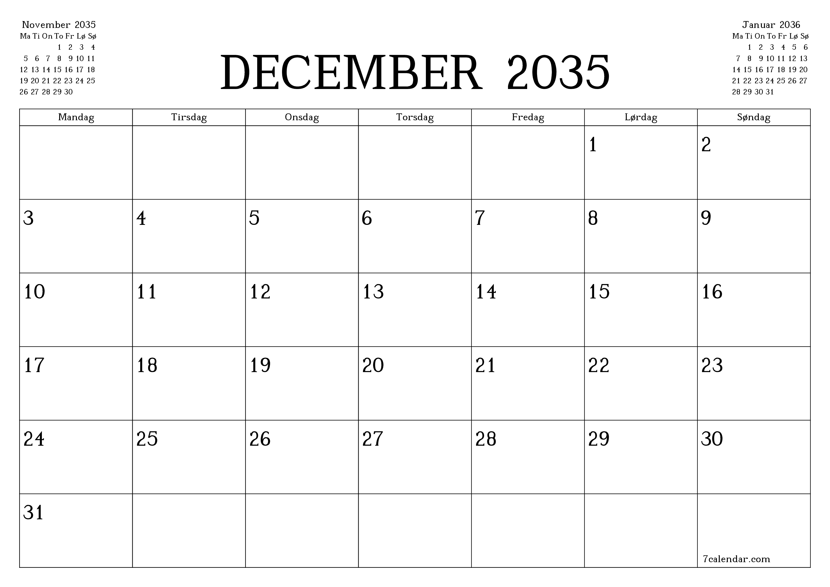 Tom månedlig planlægning for måned December 2035 med noter, gem og udskriv til PDF PNG Danish