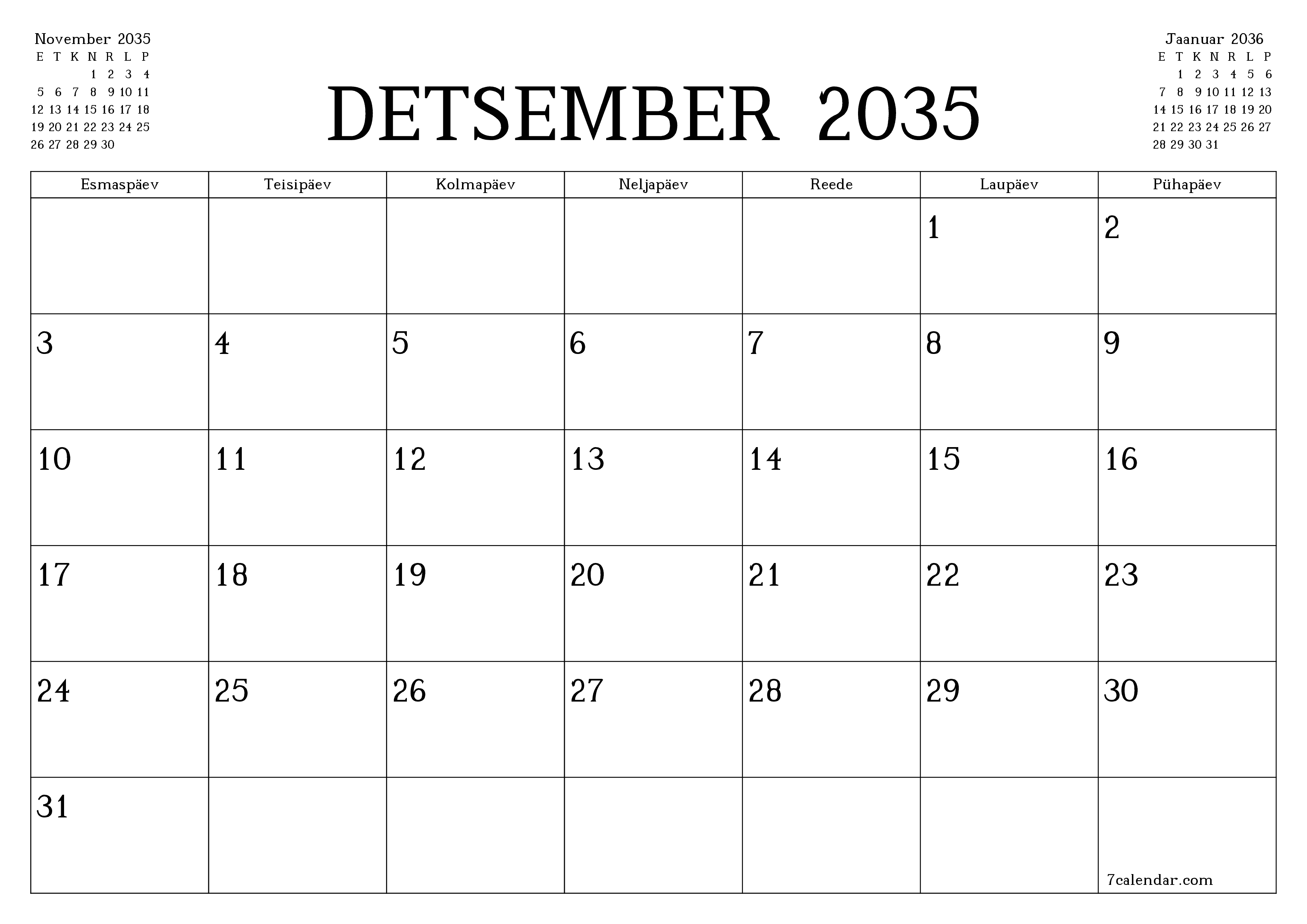 Tühjendage kuu Detsember 2035 kuuplaneerija märkmetega, salvestage ja printige PDF-i PNG Estonian