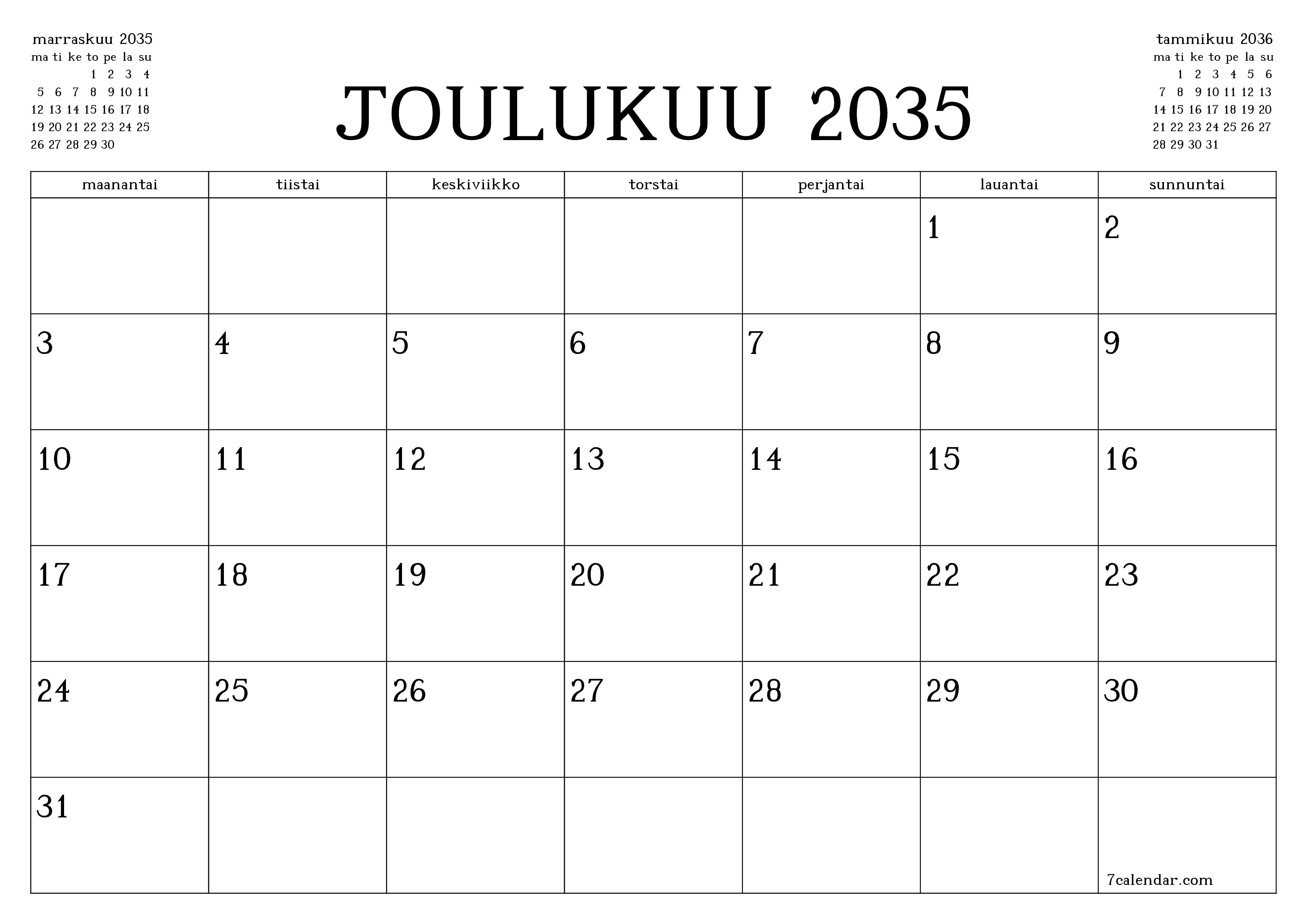 Tyhjennä kuukausittainen suunnittelija kuukaudelle Joulukuu 2035 muistiinpanoilla, tallenna ja tulosta PDF-muotoon PNG Finnish