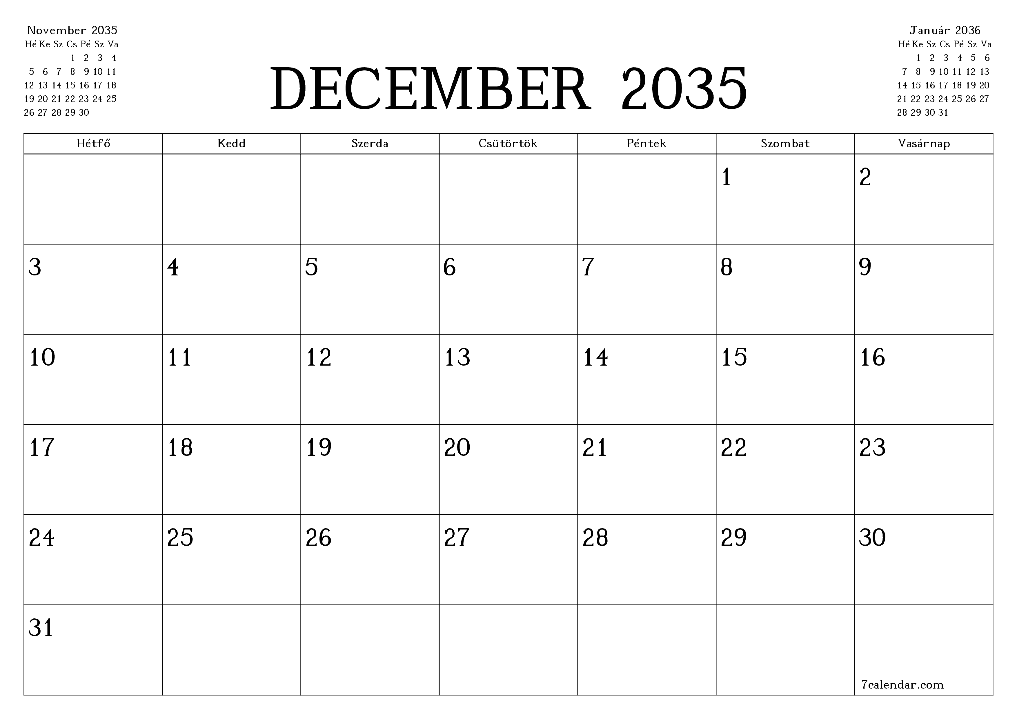 Üres havi tervező a December 2035 hónapra jegyzetekkel, mentés és nyomtatás PDF-be PNG Hungarian