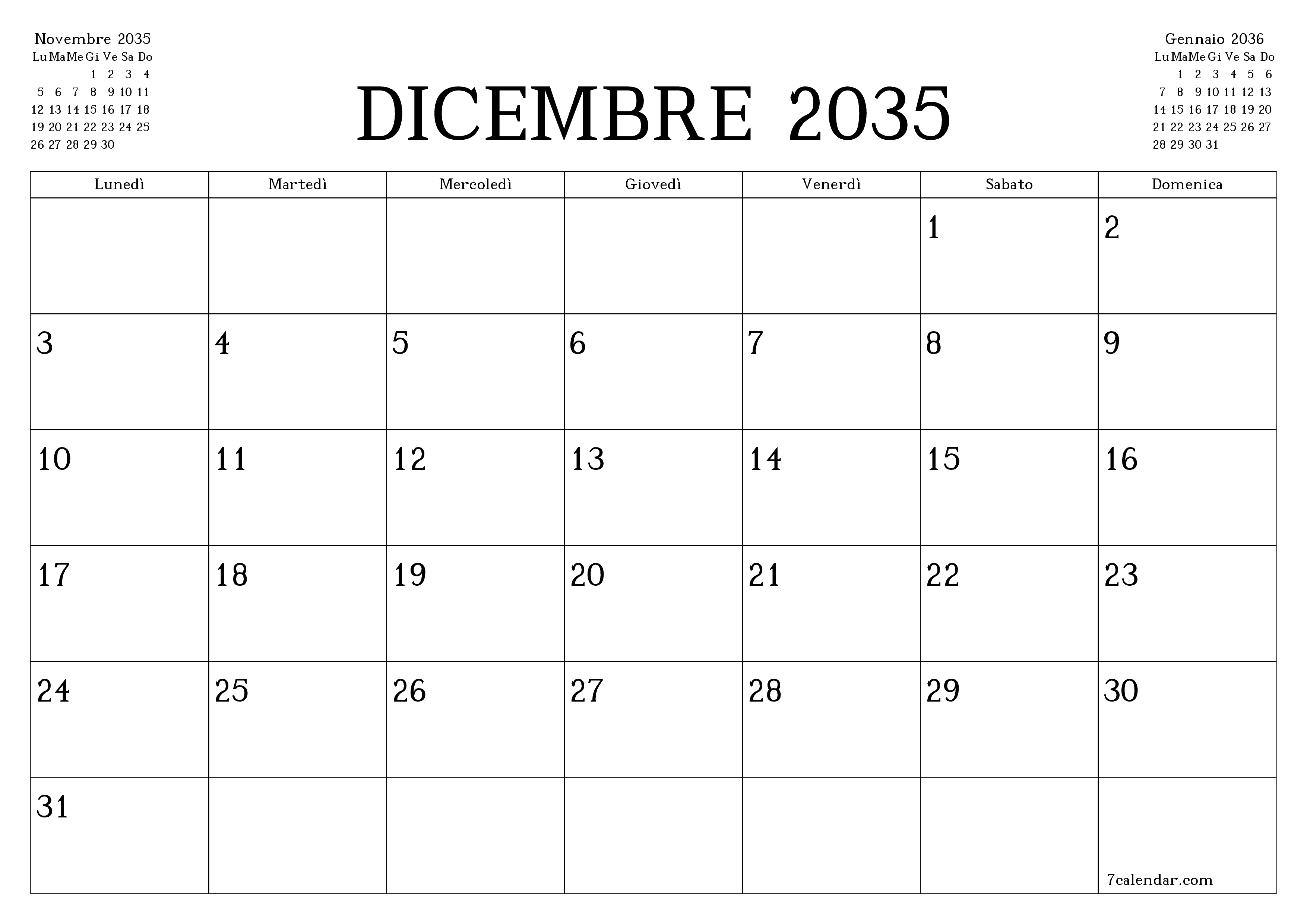 Pianificatore mensile vuoto per il mese Dicembre 2035 con note, salva e stampa in PDF PNG Italian