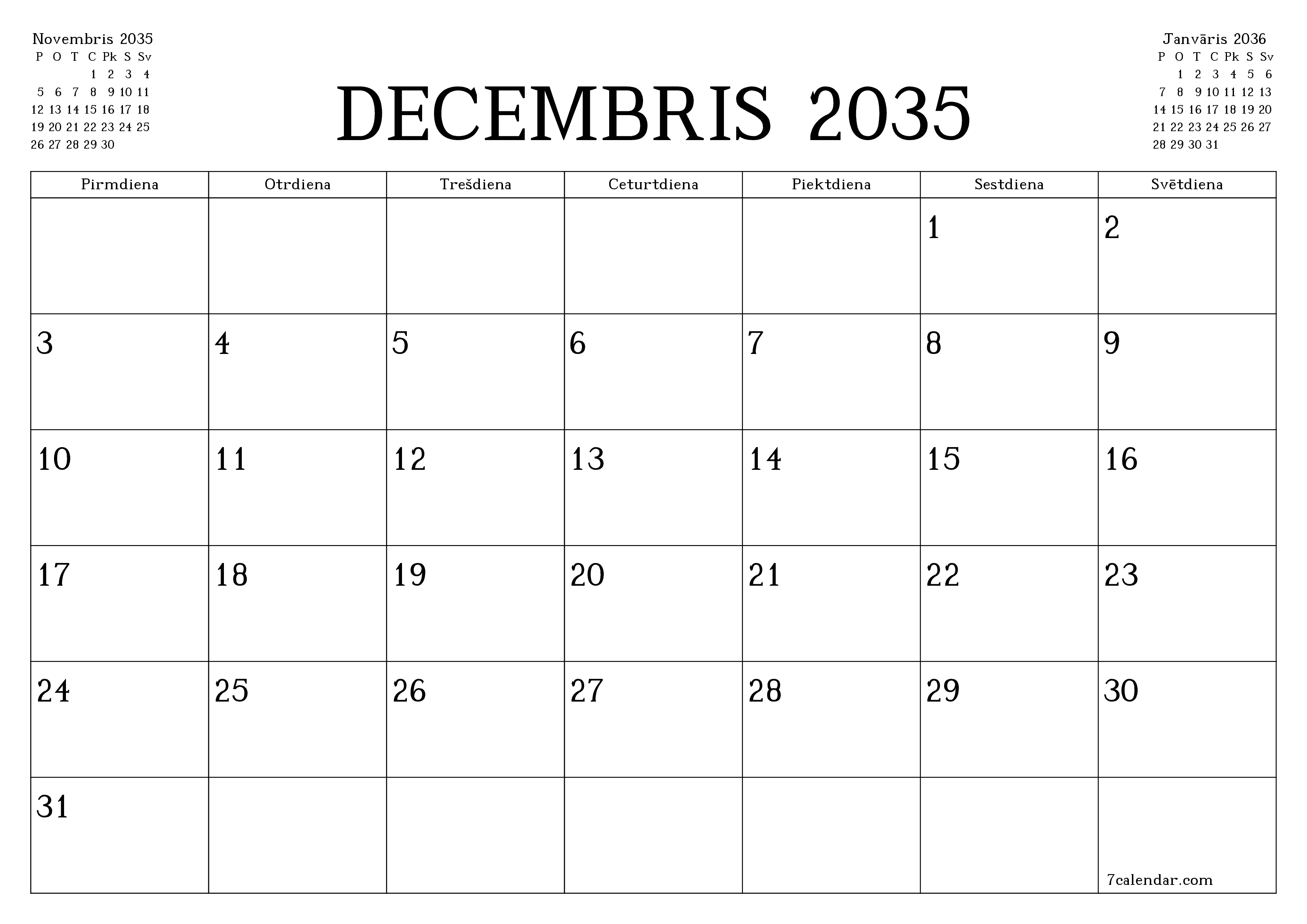 Iztukšot mēneša plānotāju mēnesim Decembris 2035 ar piezīmēm, saglabāt un izdrukāt PDF formātā PNG Latvian
