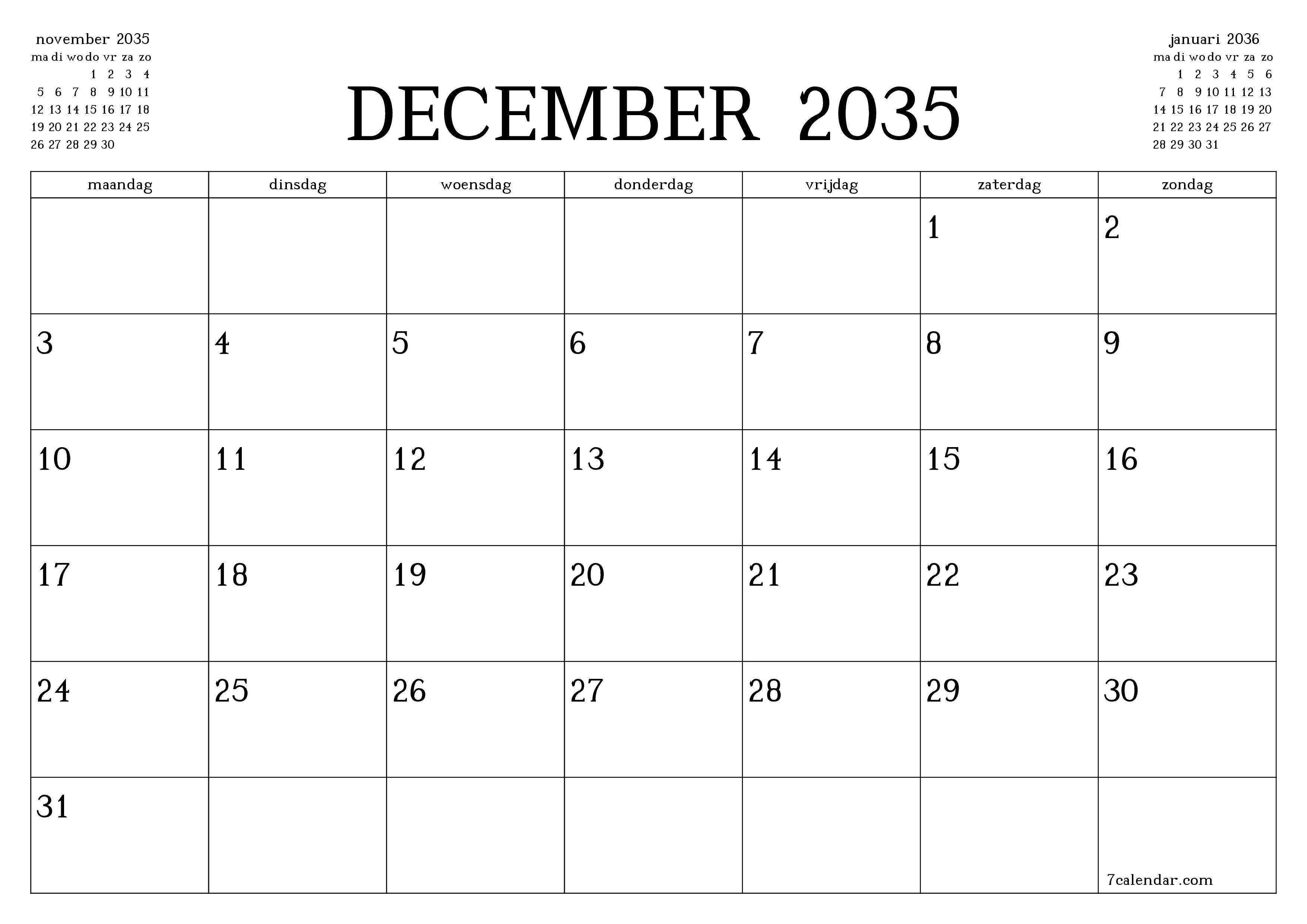 Lege maandplanner voor maand december 2035 met notities, opslaan en afdrukken naar pdf PNG Dutch