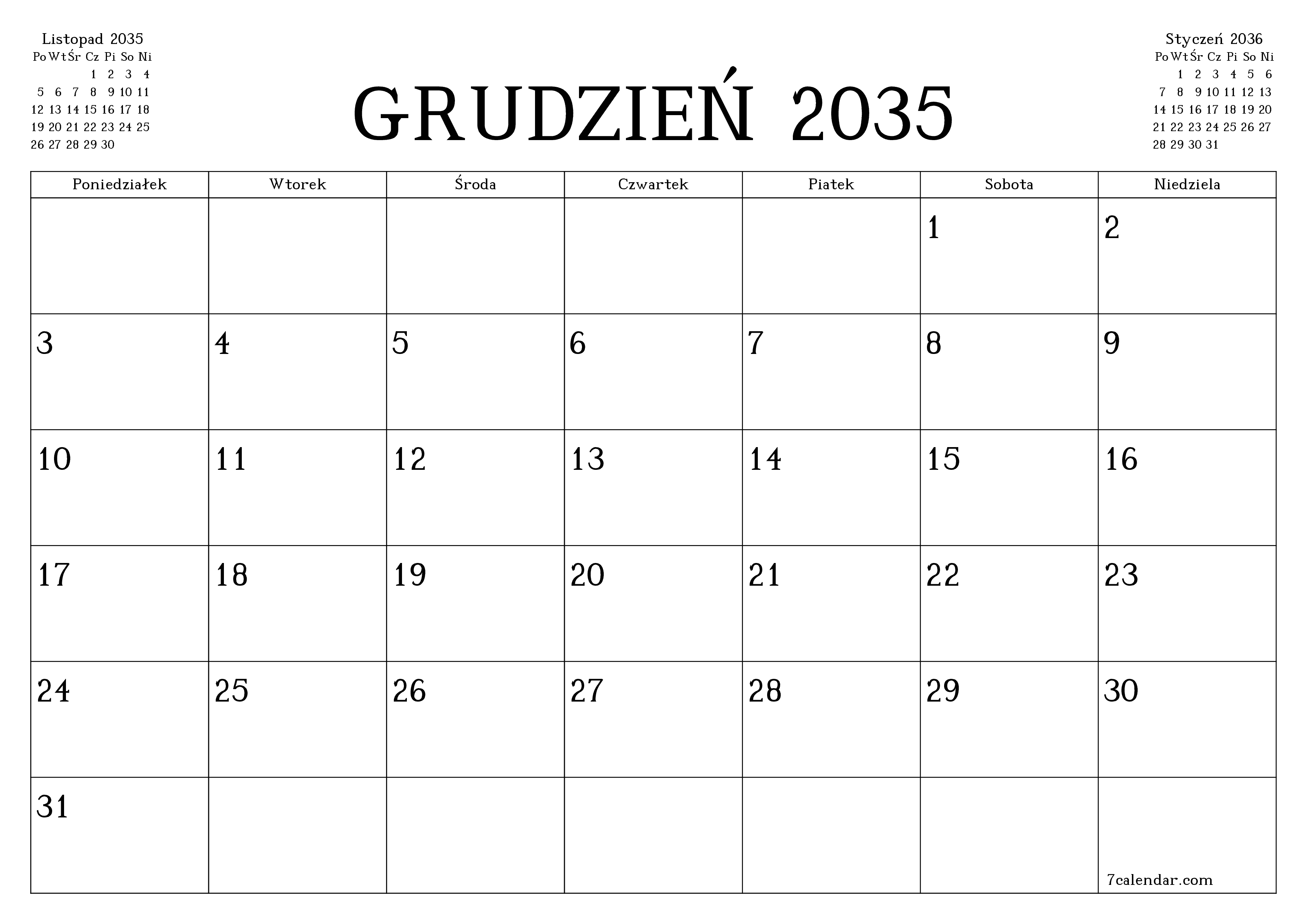 Opróżnij miesięczny planer na miesiąc Grudzień 2035 z notatkami, zapisz i wydrukuj w formacie PDF PNG Polish