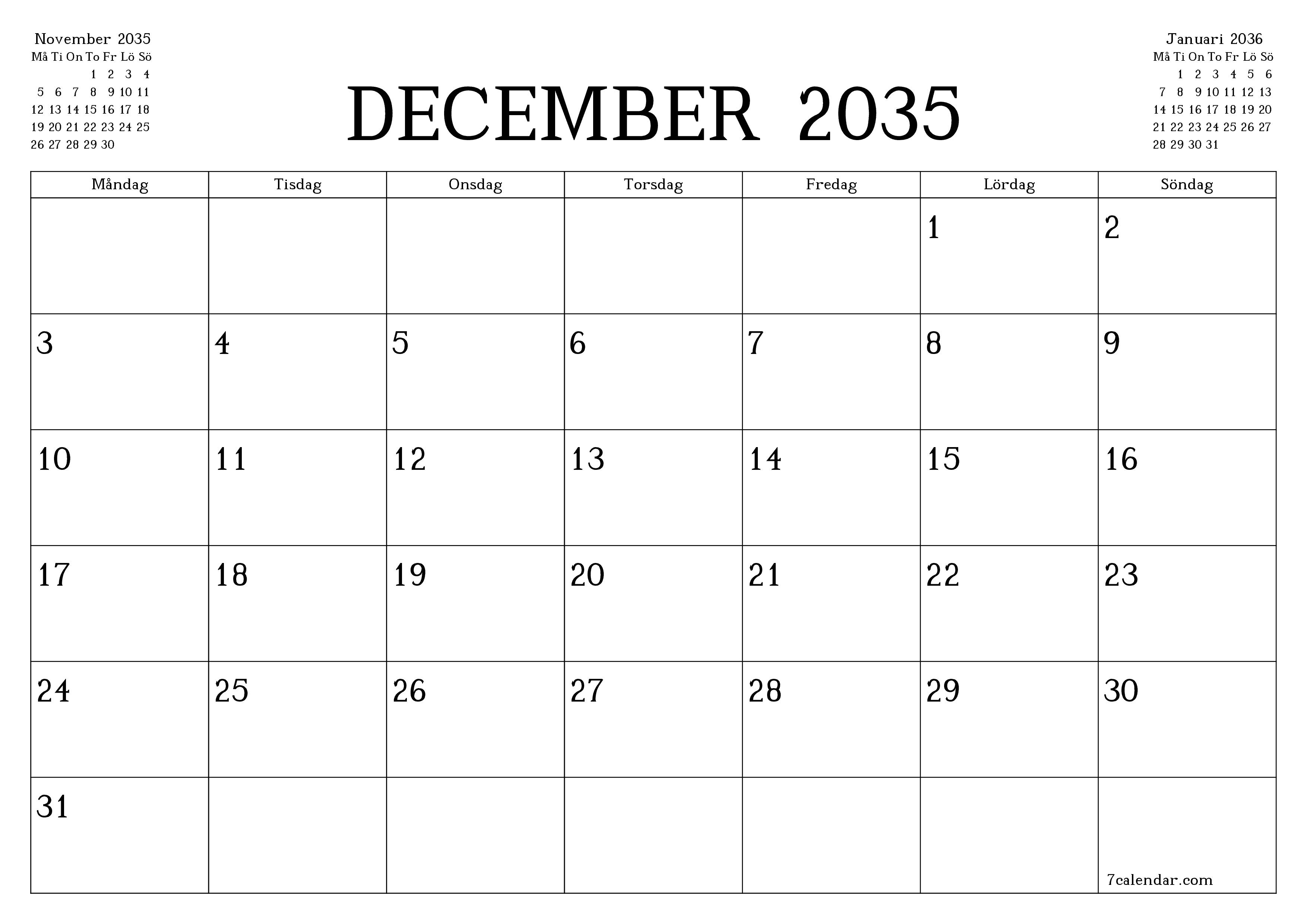 Tom månadsplanerare för månad December 2035 med anteckningar, spara och skriv ut till PDF PNG Swedish
