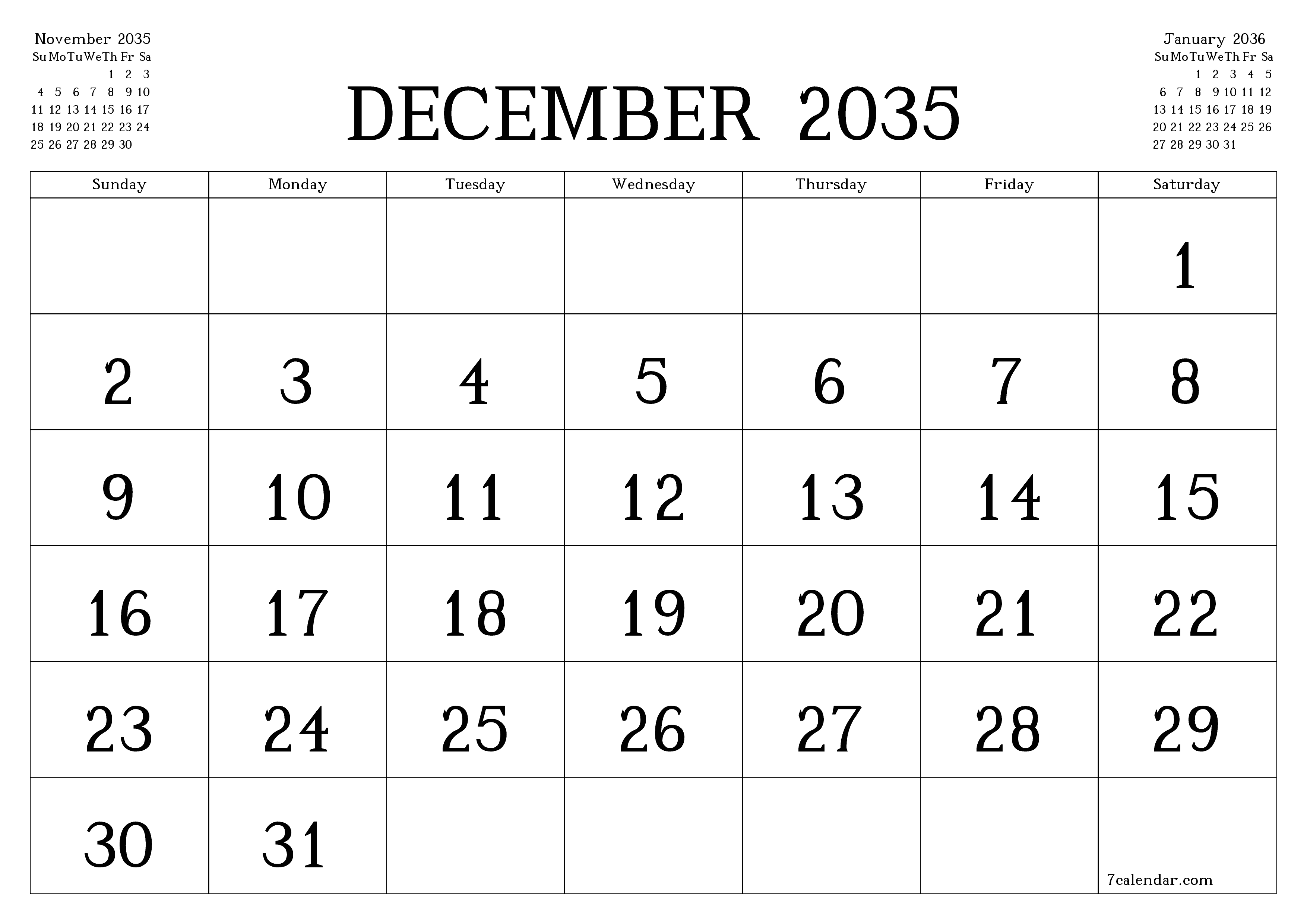 Blank calendar December 2035