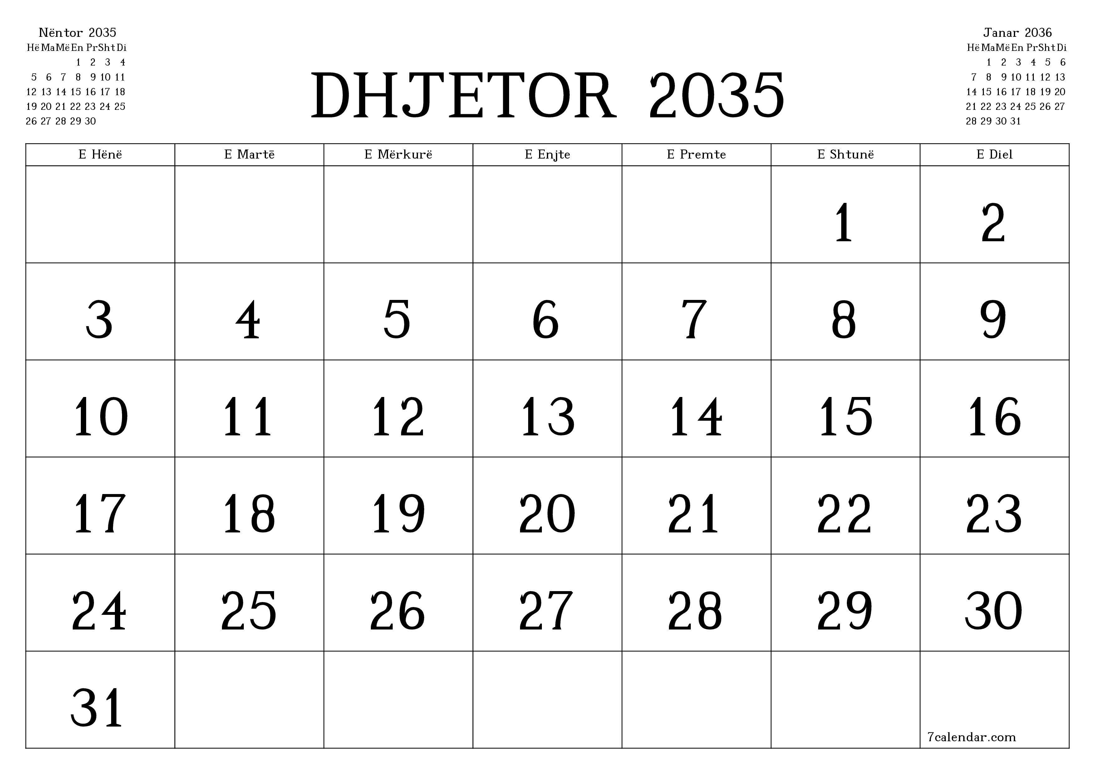 Planifikuesi i zbrazët i kalendarit mujor për muajin Dhjetor 2035 me shënime të ruajtura dhe të printuara në PDF PNG Albanian