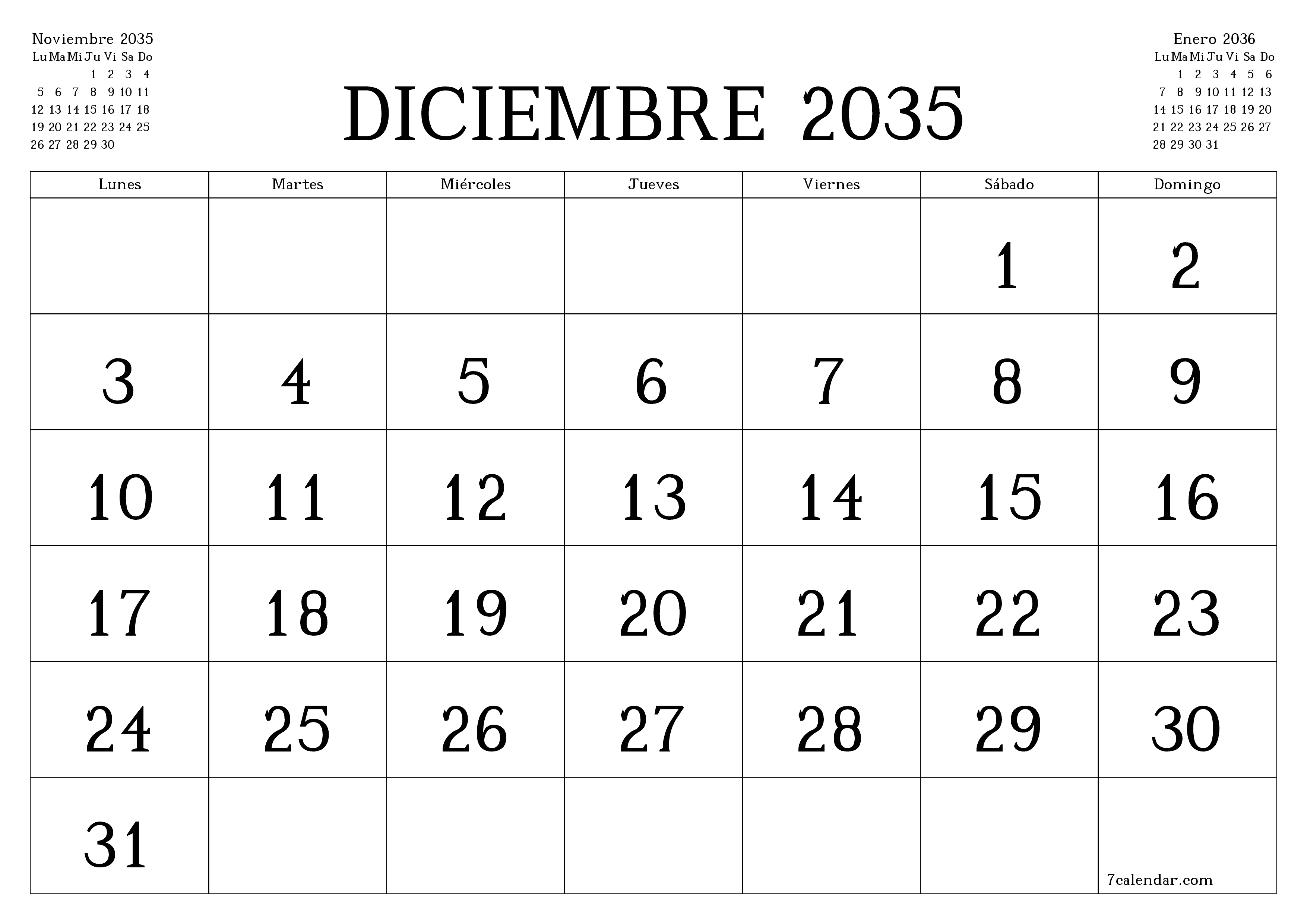Planificador mensual vacío para el mes Diciembre 2035 con notas, guardar e imprimir en PDF PNG Spanish