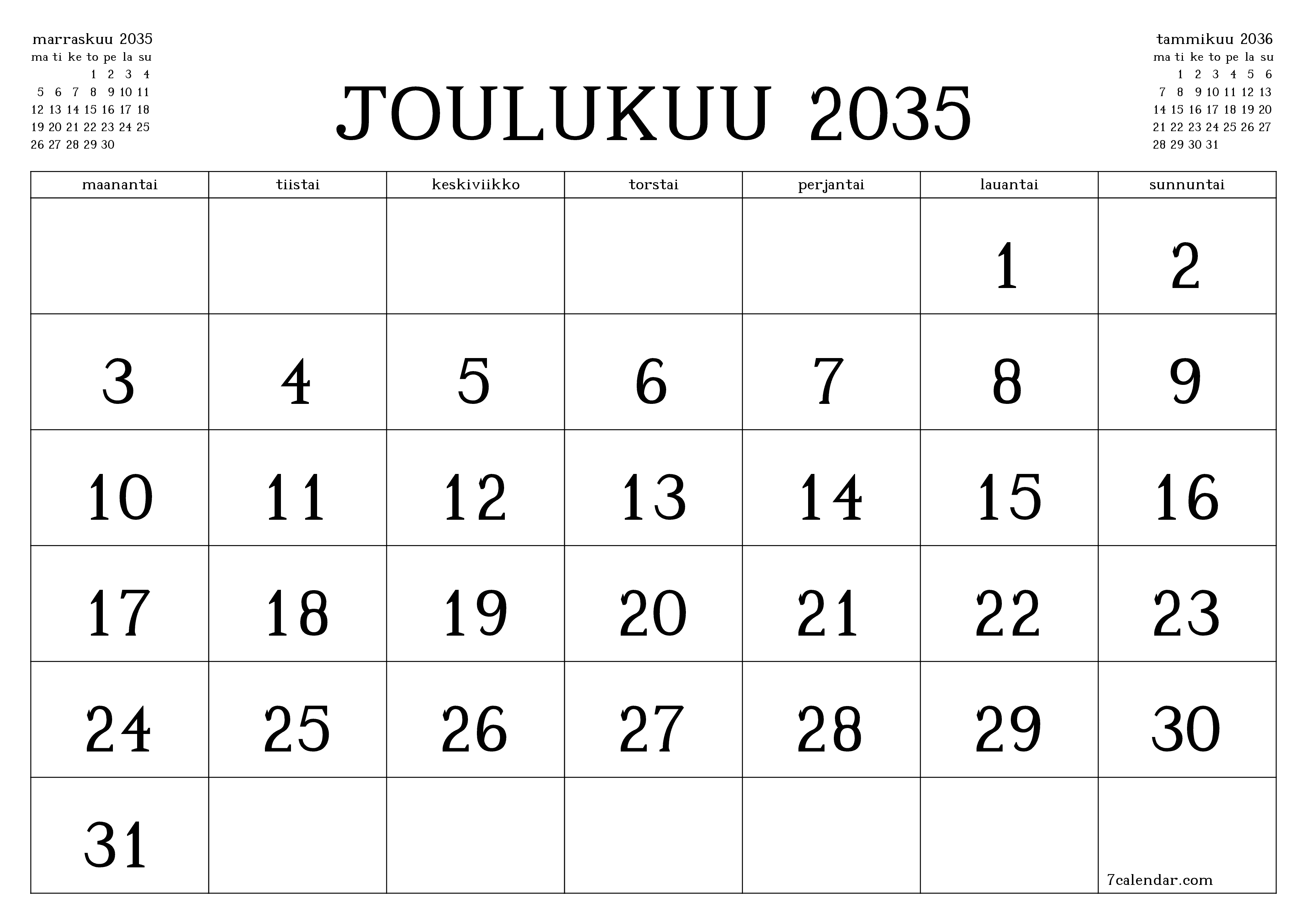 Tyhjennä kuukausittainen suunnittelija kuukaudelle Joulukuu 2035 muistiinpanoilla, tallenna ja tulosta PDF-muotoon PNG Finnish