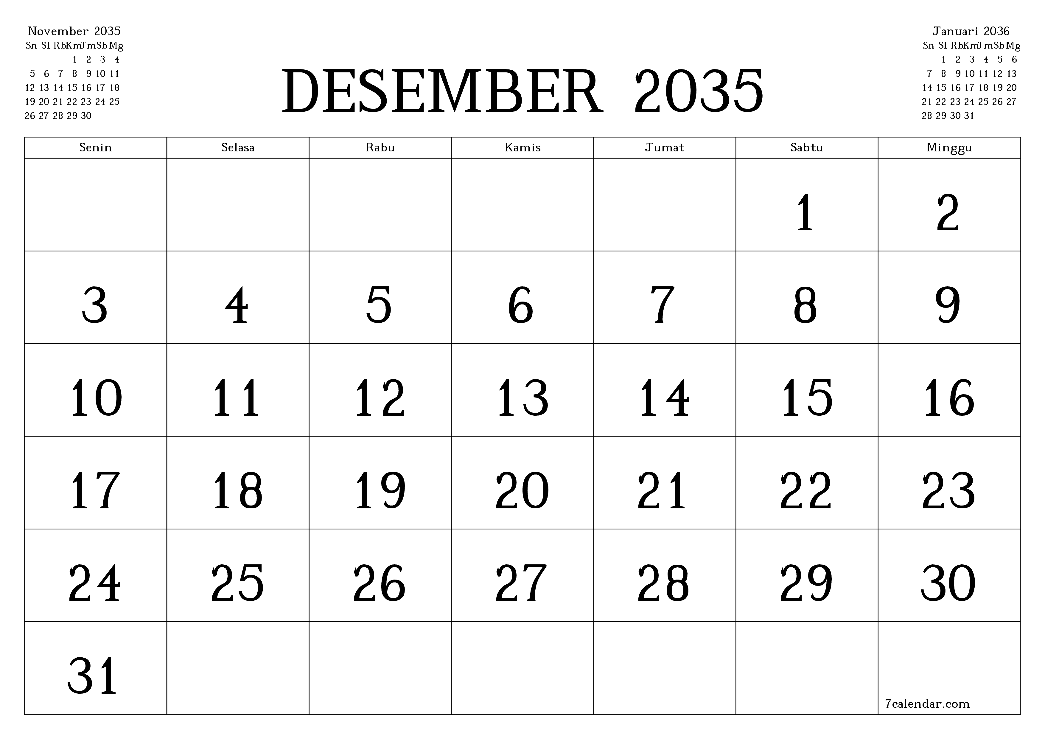 Kosongkan agenda bulanan untuk bulan Desember 2035 dengan catatan, simpan dan cetak ke PDF PNG Indonesian
