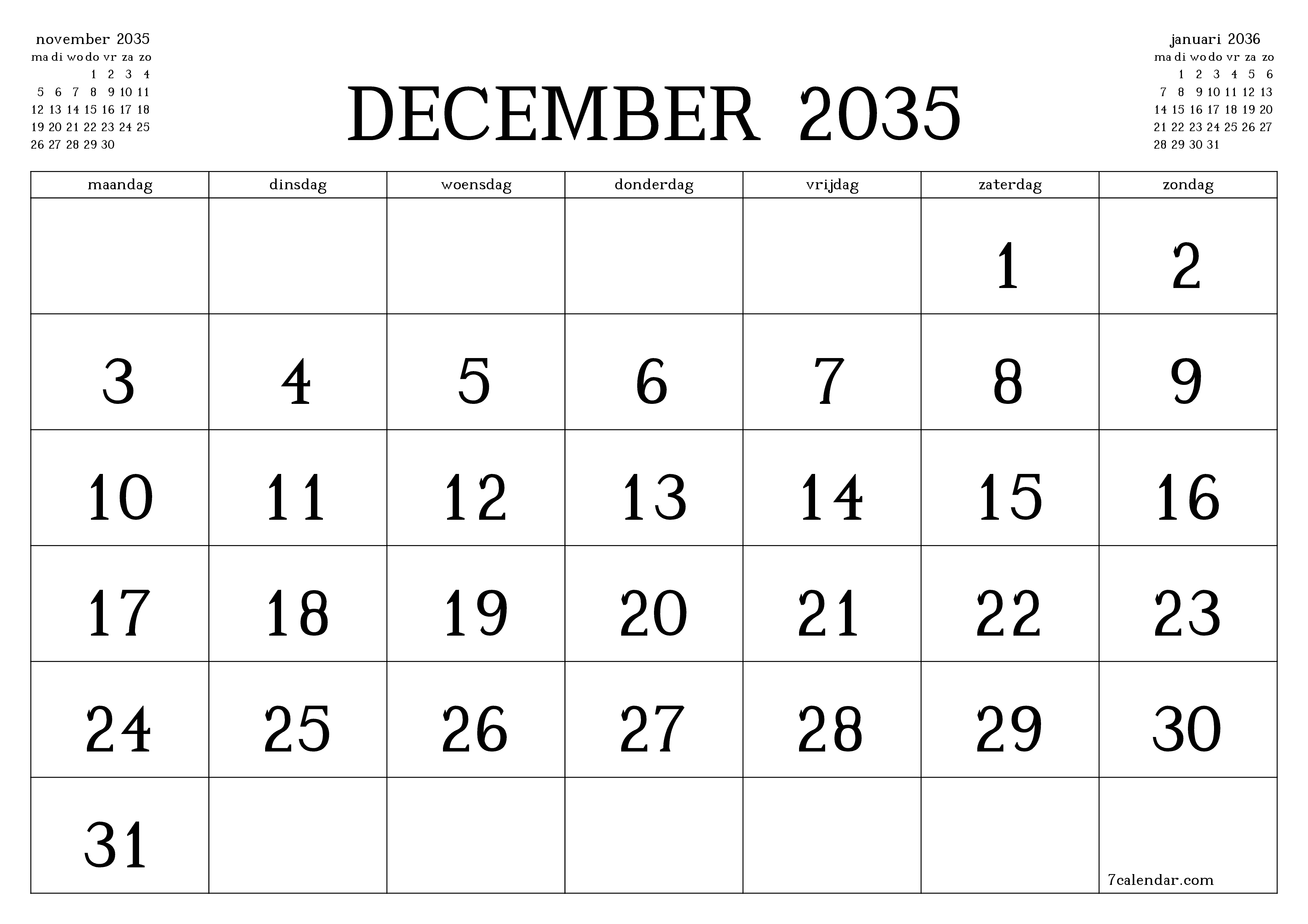 Lege maandplanner voor maand december 2035 met notities, opslaan en afdrukken naar pdf PNG Dutch