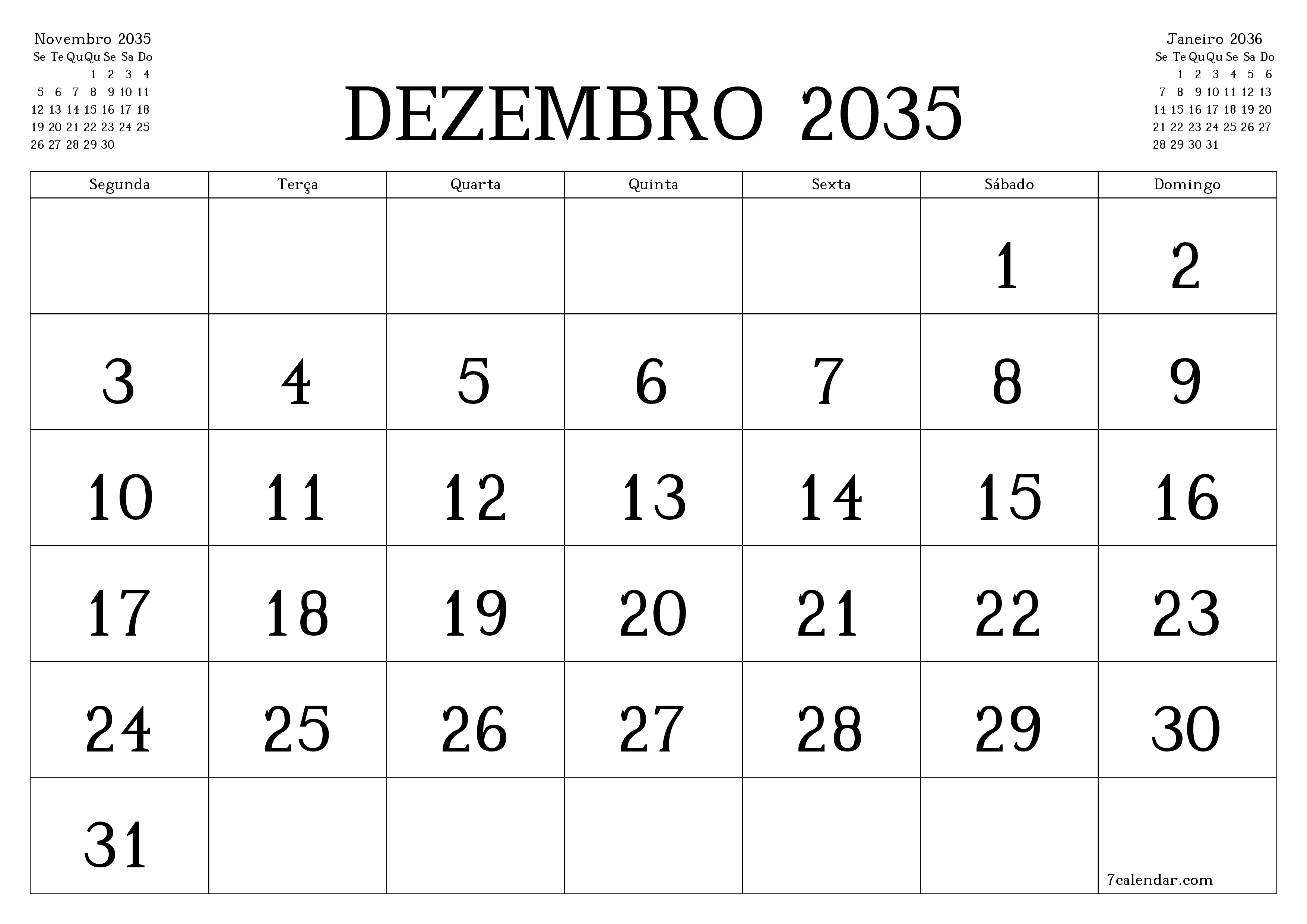 Esvazie o planejador mensal para o mês Dezembro 2035 com notas, salve e imprima em PDF PNG Portuguese