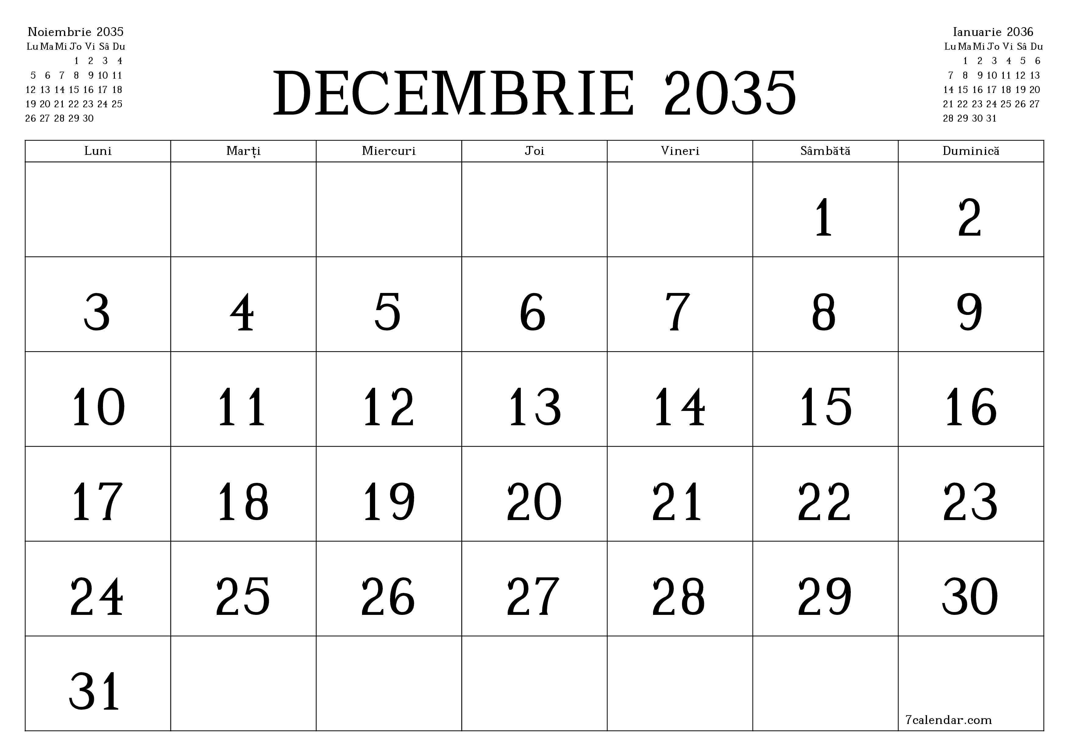 Planificator lunar gol pentru luna Decembrie 2035 cu note, salvați și tipăriți în PDF PNG Romanian
