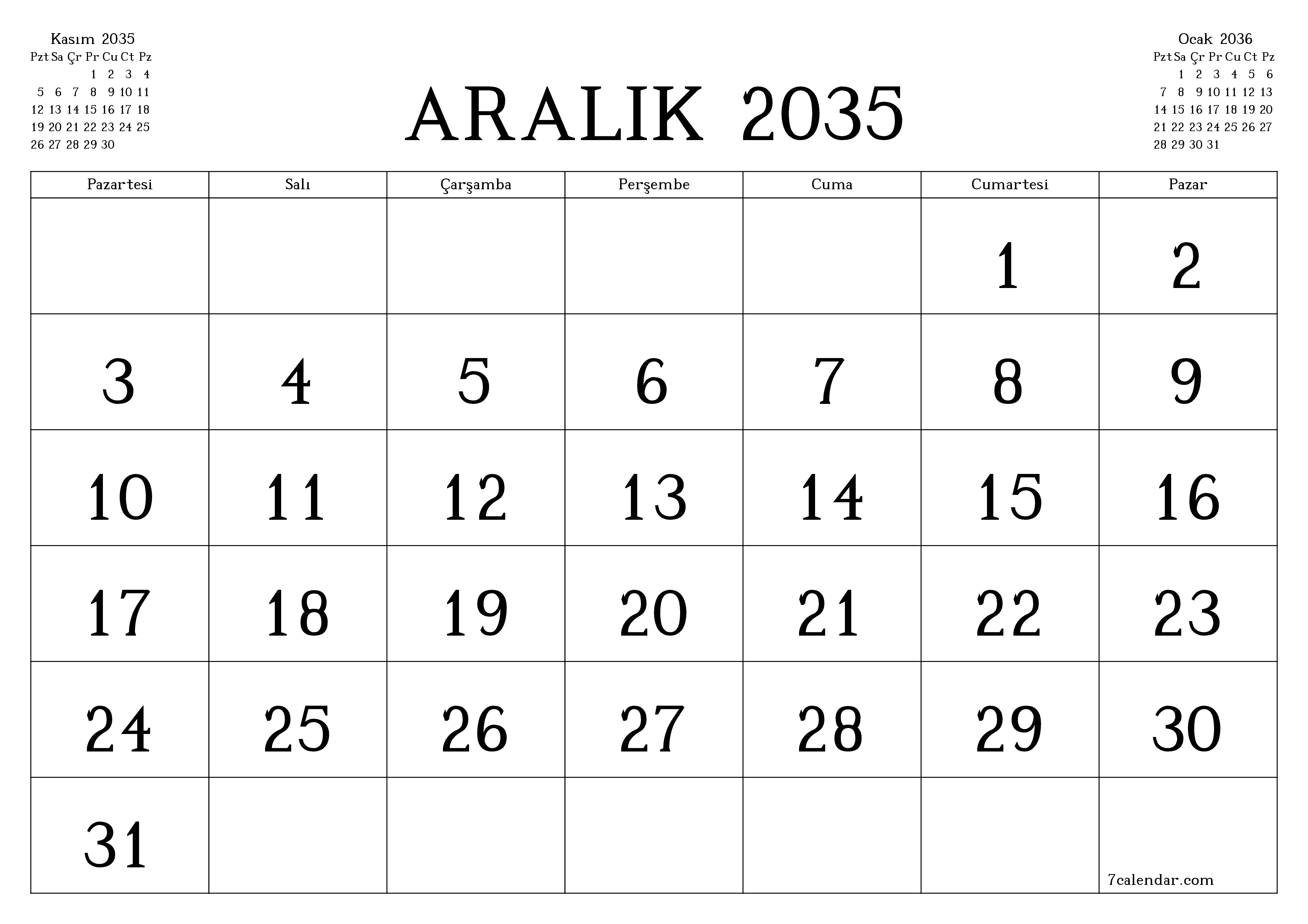Aralık 2035 ayı için notlarla birlikte boş aylık planlayıcı, kaydedin ve PDF'ye yazdırın PNG Turkish