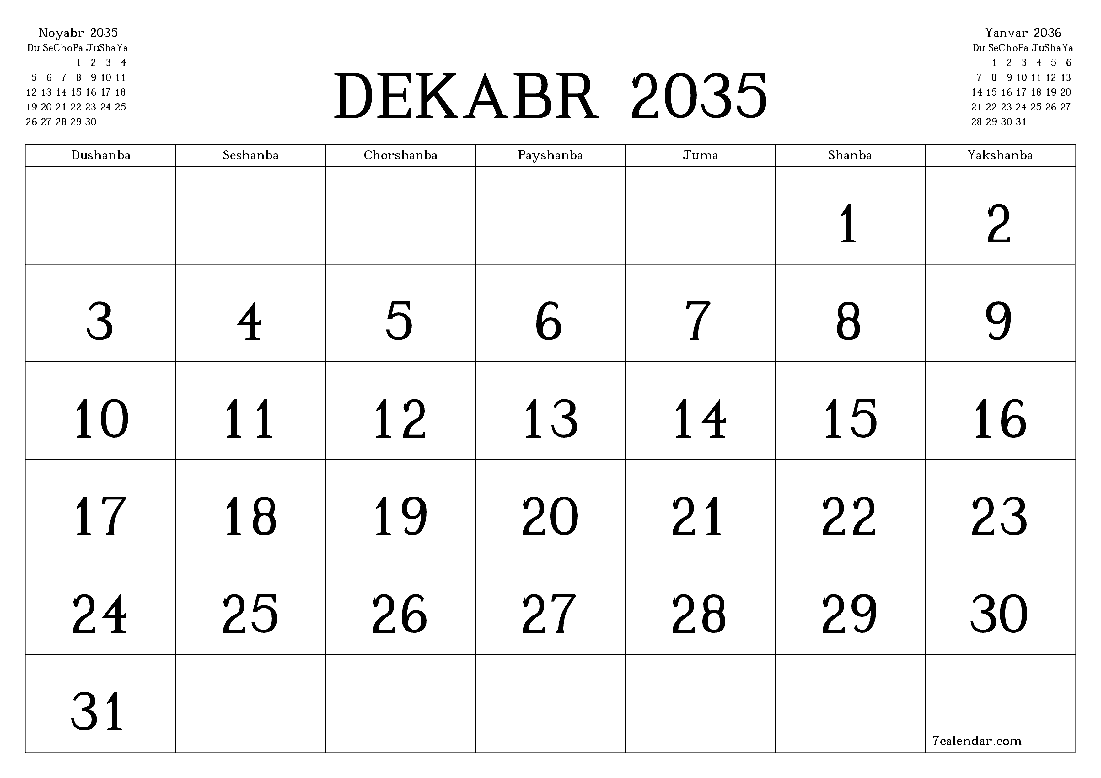Dekabr 2035 oylik oylik rejalashtiruvchini yozuvlar bilan bo'shatish, saqlash va PDF-ga chop etish PNG Uzbek
