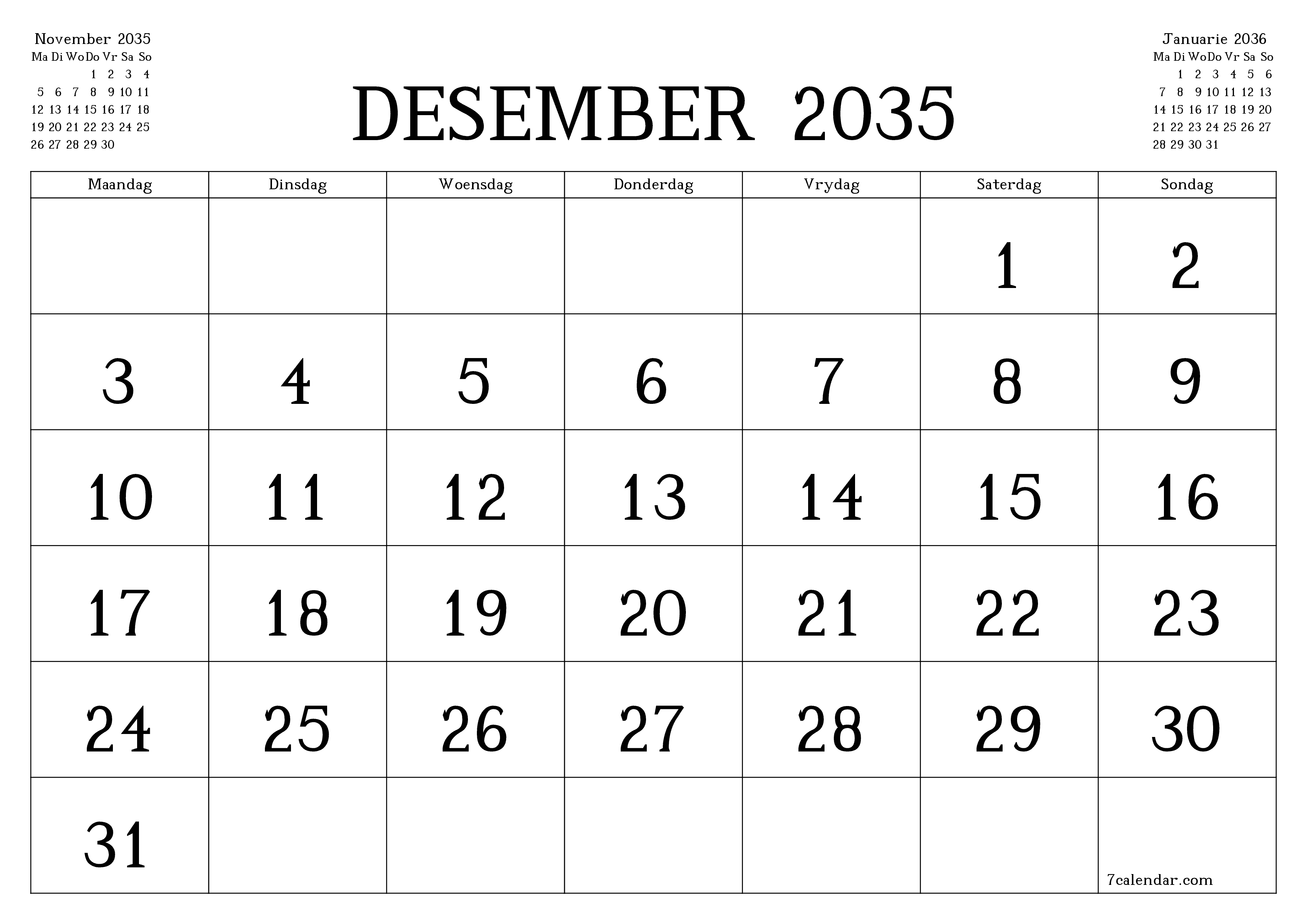 Leë maandelikse drukbare kalender en beplanner vir maand Desember 2035 met notas stoor en druk na PDF PNG Afrikaans