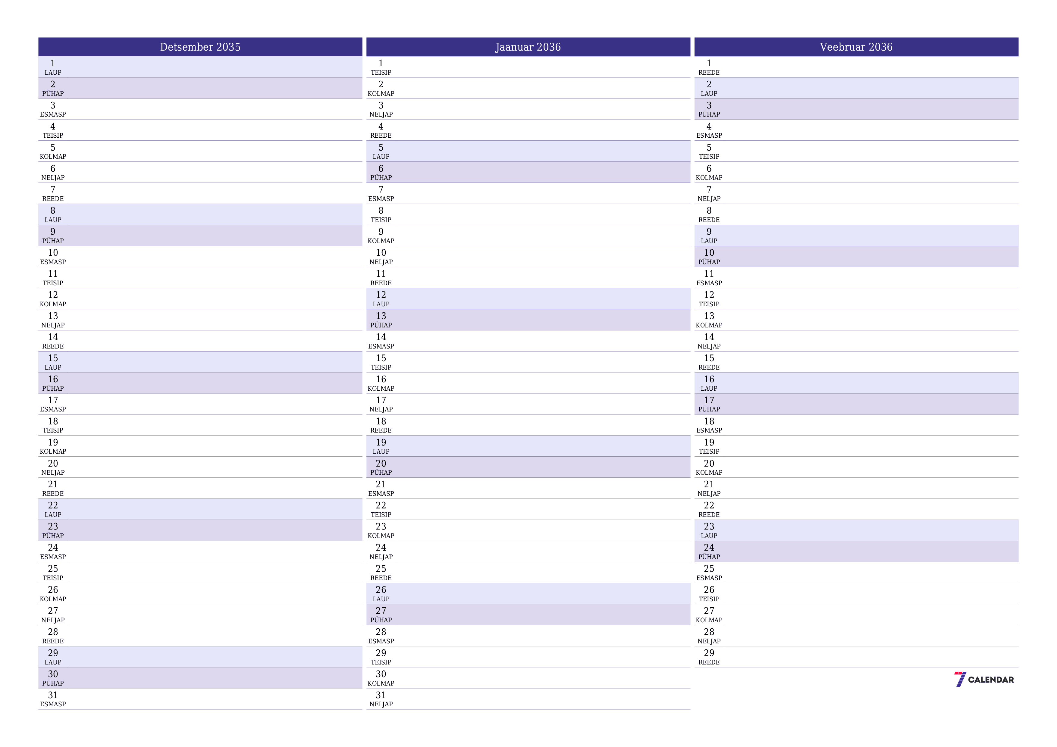 Tühjendage kuu Detsember 2035 kuuplaneerija märkmetega, salvestage ja printige PDF-i PNG Estonian