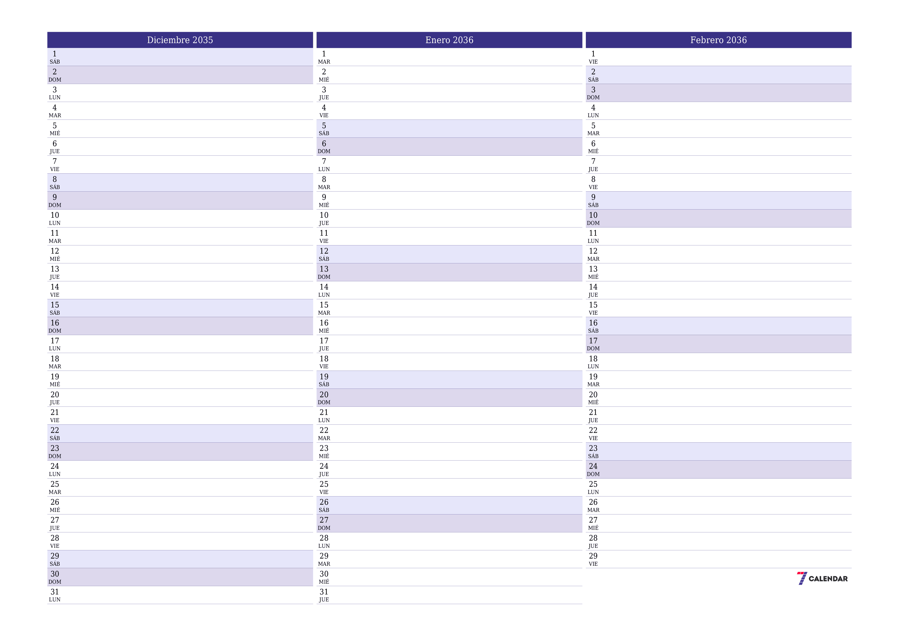 Planificador mensual vacío para el mes Diciembre 2035 con notas, guardar e imprimir en PDF PNG Spanish