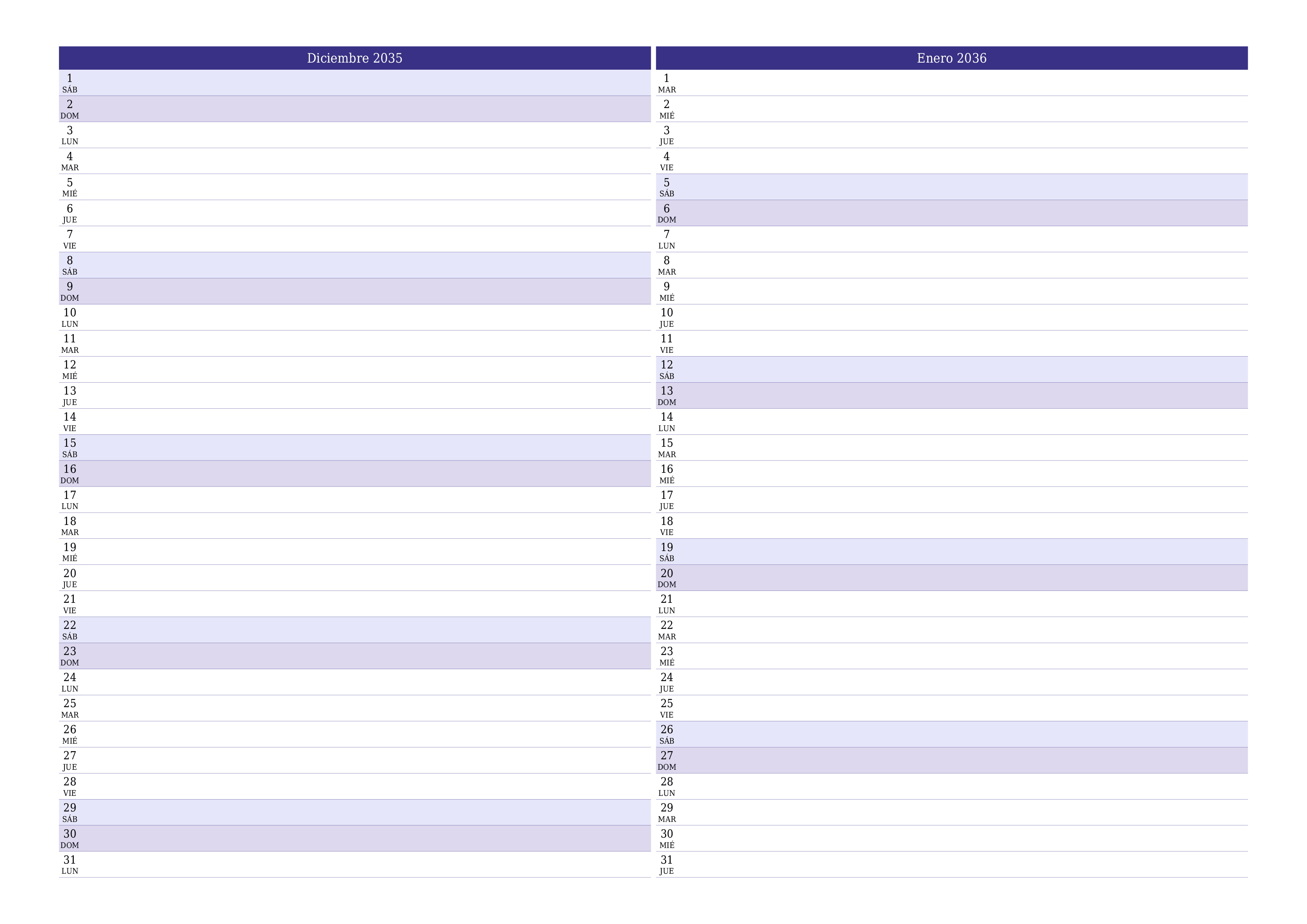 Planificador mensual vacío para el mes Diciembre 2035 con notas, guardar e imprimir en PDF PNG Spanish