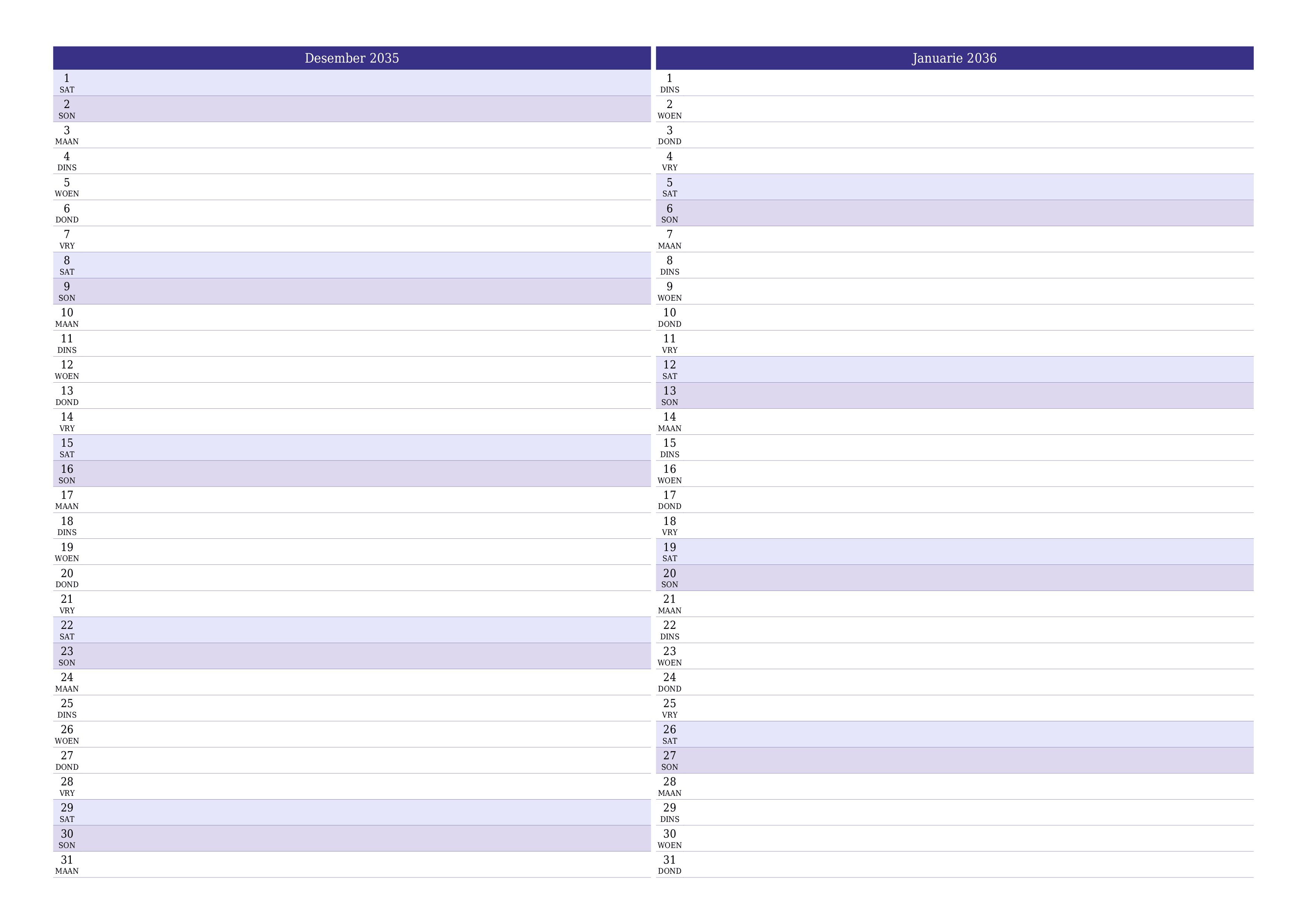 Leë maandelikse drukbare kalender en beplanner vir maand Desember 2035 met notas stoor en druk na PDF PNG Afrikaans