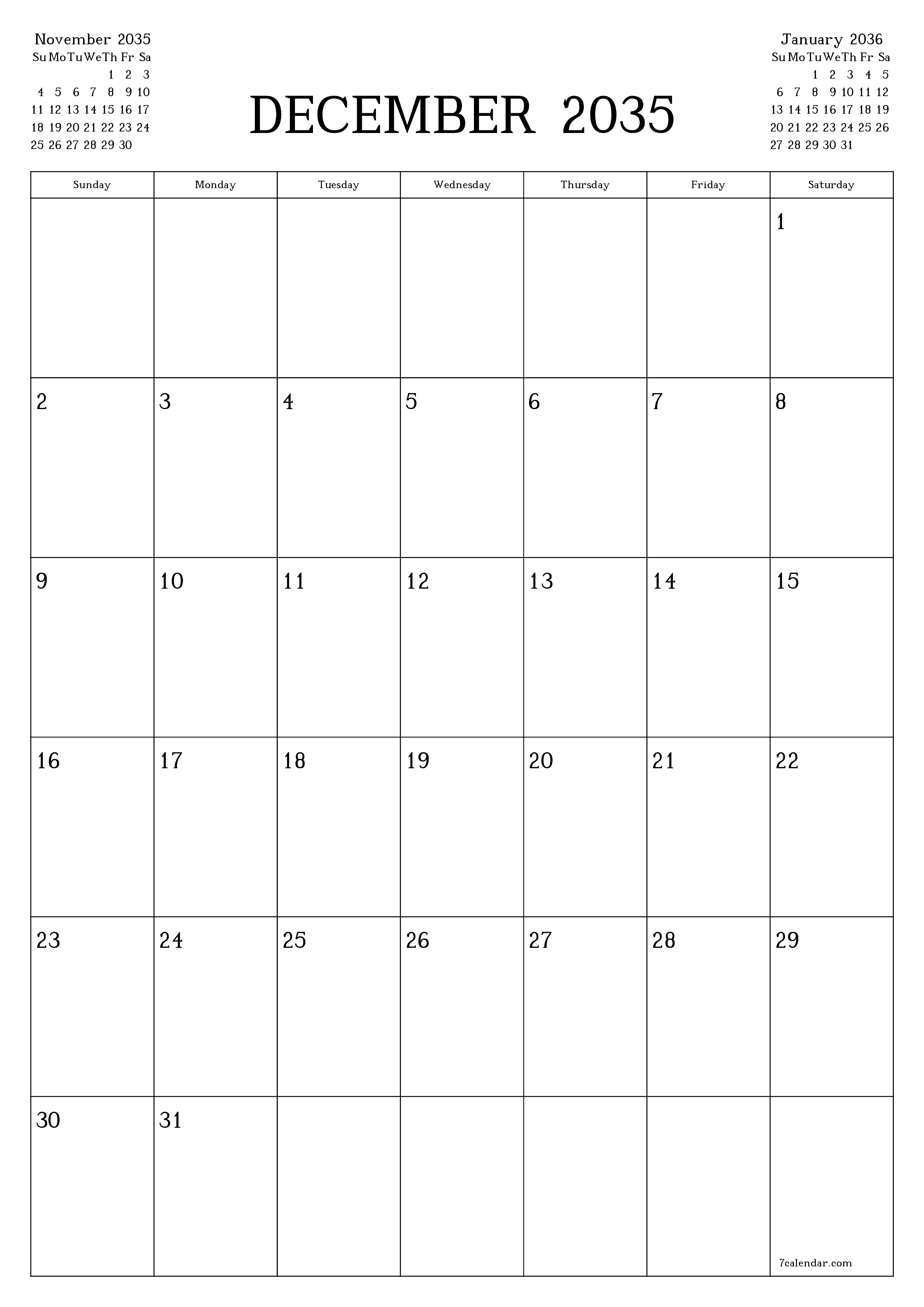 printable wall template free vertical Monthly planner calendar December (Dec) 2035